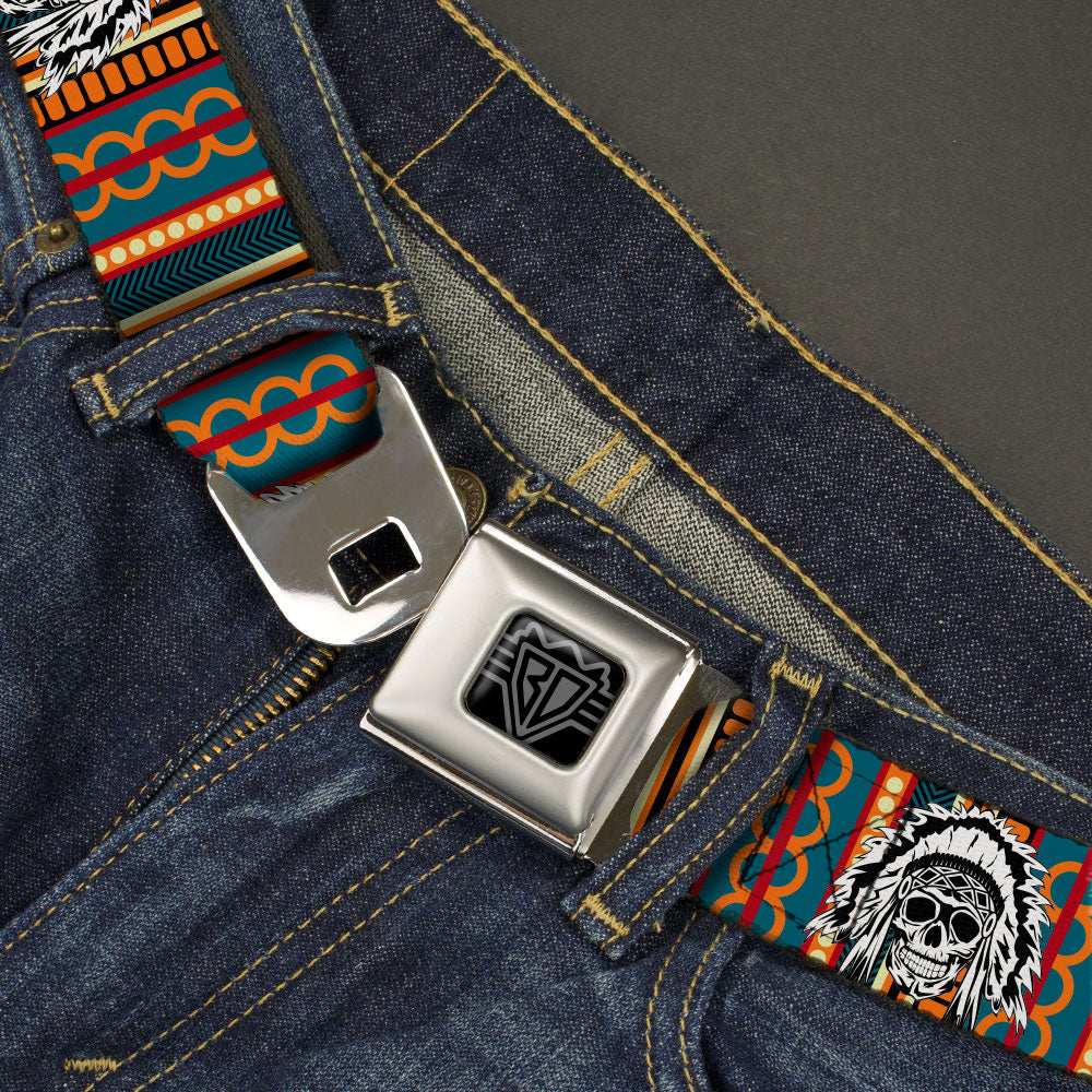 BD Wings Logo CLOSE-UP Black/Silver Seatbelt Belt - Native American Skull/Tapestry Multi Color/White/Black Webbing Seatbelt Belts Buckle-Down
