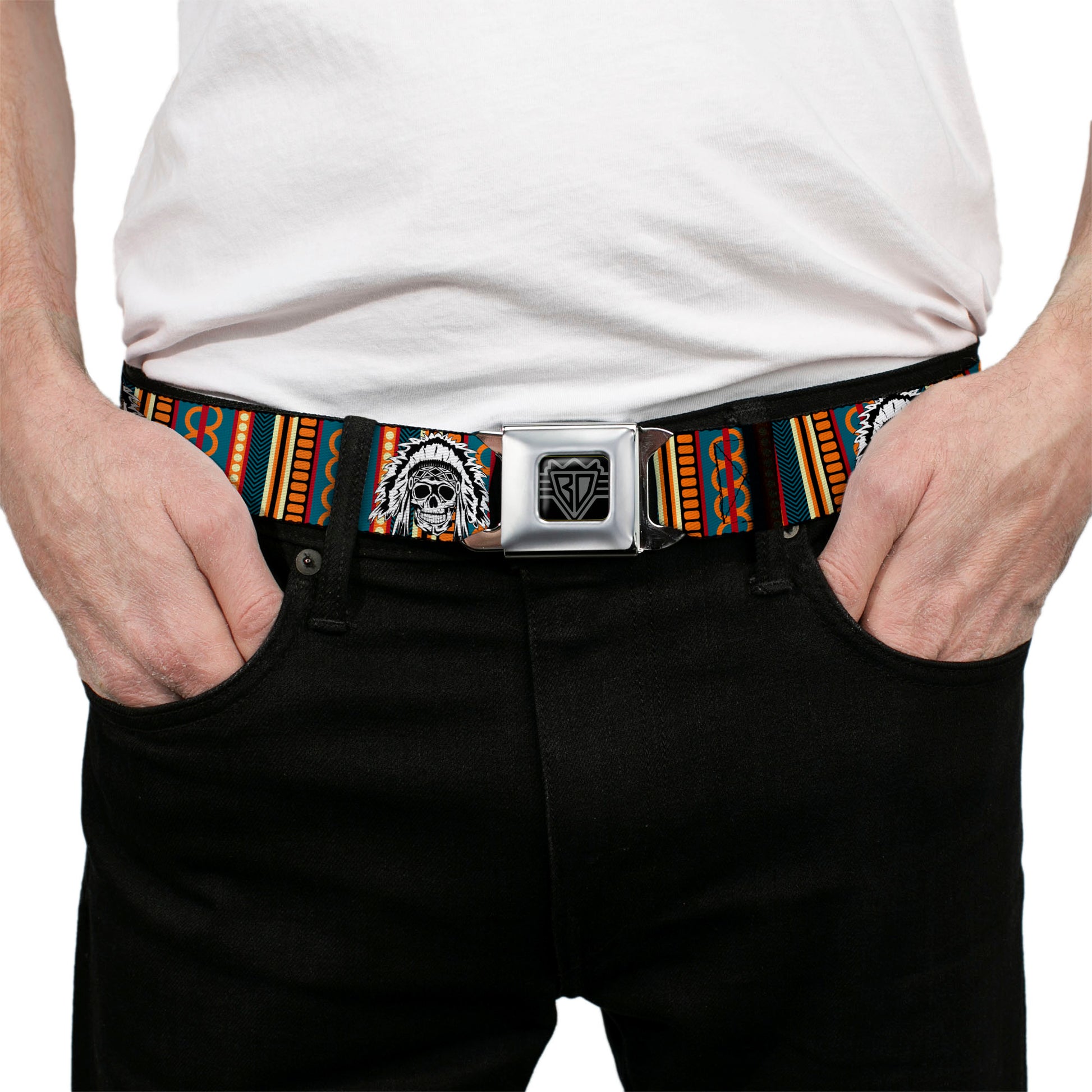 BD Wings Logo CLOSE-UP Black/Silver Seatbelt Belt - Native American Skull/Tapestry Multi Color/White/Black Webbing Seatbelt Belts Buckle-Down