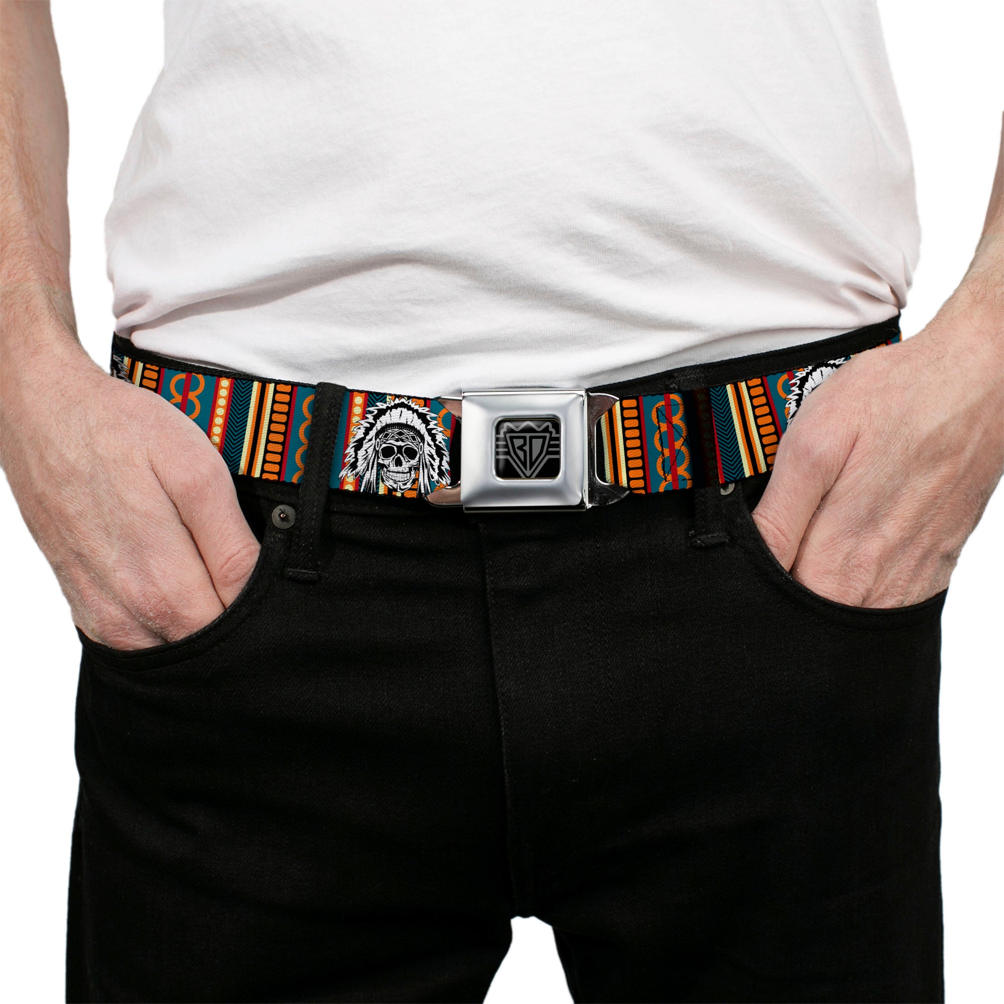 BD Wings Logo CLOSE-UP Black/Silver Seatbelt Belt - Native American Skull/Tapestry Multi Color/White/Black Webbing Seatbelt Belts Buckle-Down