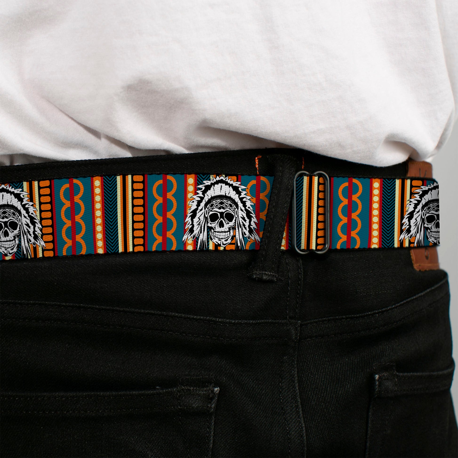 BD Wings Logo CLOSE-UP Black/Silver Seatbelt Belt - Native American Skull/Tapestry Multi Color/White/Black Webbing Seatbelt Belts Buckle-Down