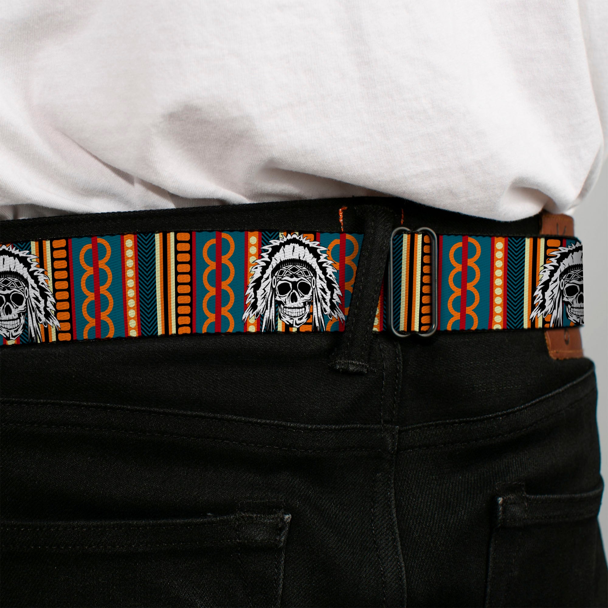 BD Wings Logo CLOSE-UP Black/Silver Seatbelt Belt - Native American Skull/Tapestry Multi Color/White/Black Webbing Seatbelt Belts Buckle-Down