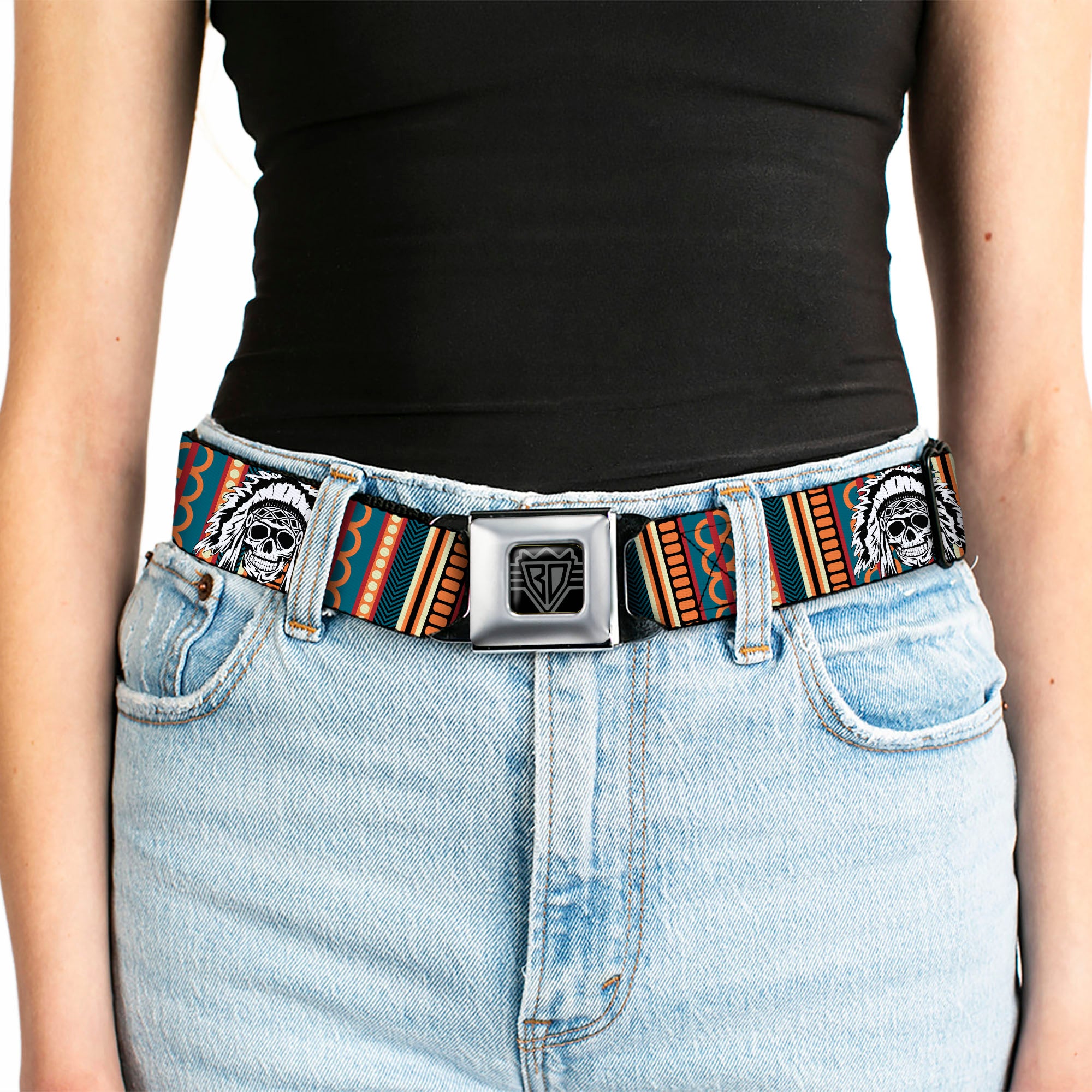 BD Wings Logo CLOSE-UP Black/Silver Seatbelt Belt - Native American Skull/Tapestry Multi Color/White/Black Webbing Seatbelt Belts Buckle-Down