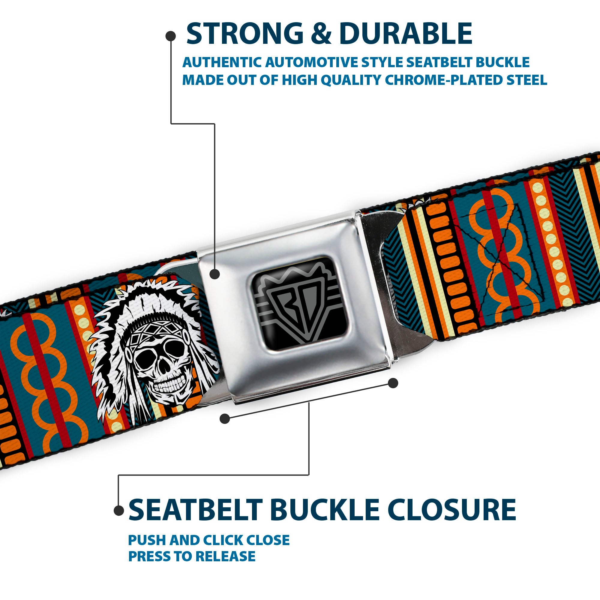 BD Wings Logo CLOSE-UP Black/Silver Seatbelt Belt - Native American Skull/Tapestry Multi Color/White/Black Webbing Seatbelt Belts Buckle-Down
