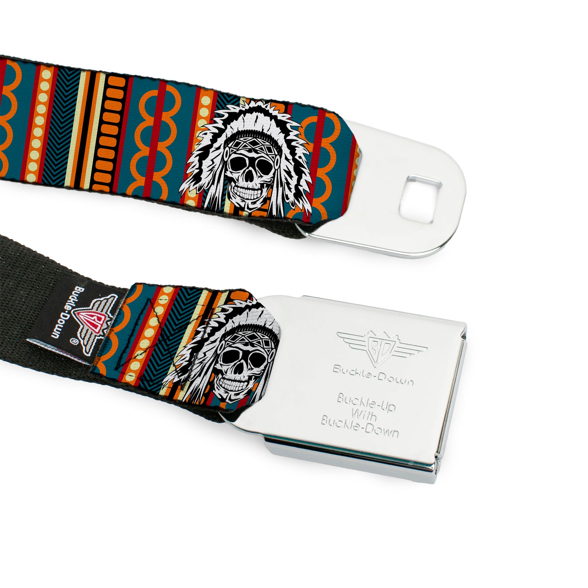 BD Wings Logo CLOSE-UP Black/Silver Seatbelt Belt - Native American Skull/Tapestry Multi Color/White/Black Webbing Seatbelt Belts Buckle-Down