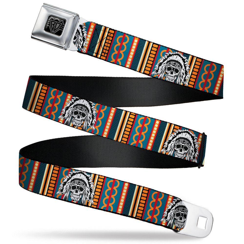 BD Wings Logo CLOSE-UP Black/Silver Seatbelt Belt - Native American Skull/Tapestry Multi Color/White/Black Webbing Seatbelt Belts Buckle-Down