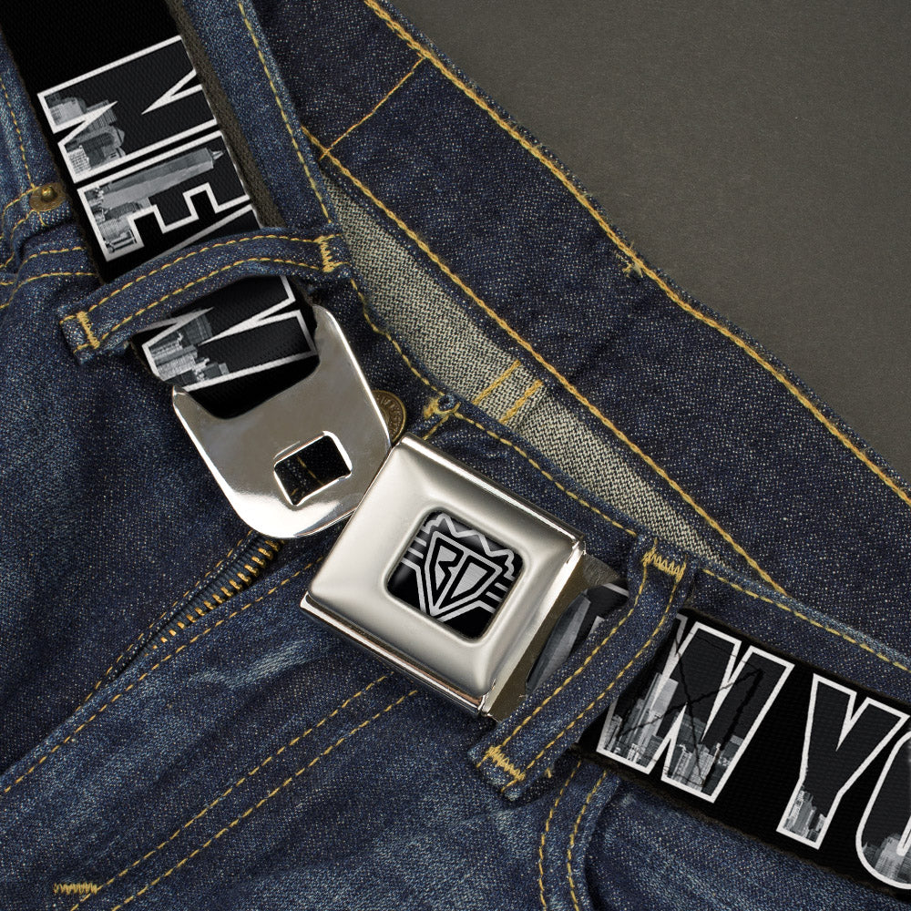 BD Wings Logo CLOSE-UP Full Color Black Silver Seatbelt Belt - NEW YORK Bold/Vivid Skyline Black/White/Gray Webbing Seatbelt Belts Buckle-Down