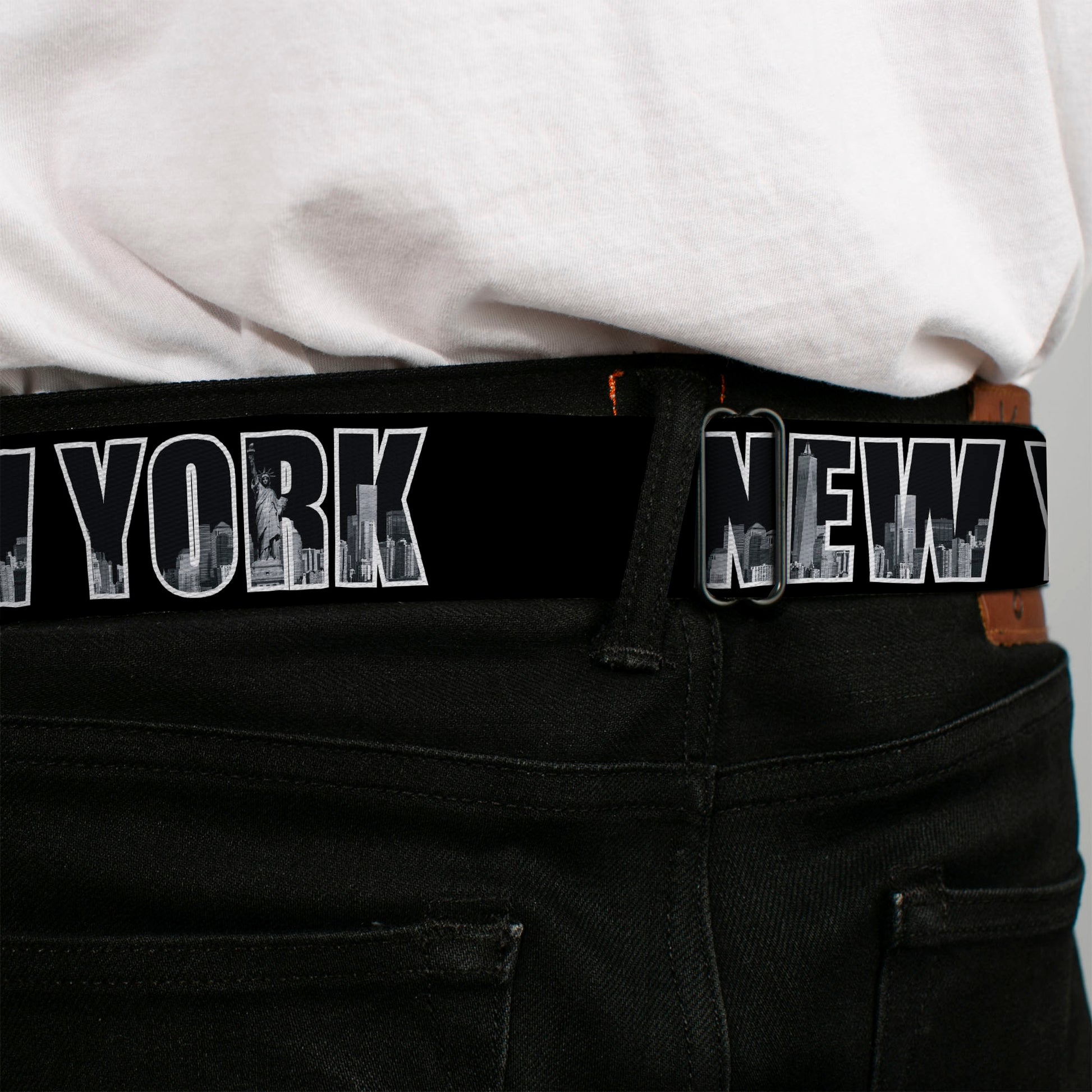 BD Wings Logo CLOSE-UP Full Color Black Silver Seatbelt Belt - NEW YORK Bold/Vivid Skyline Black/White/Gray Webbing Seatbelt Belts Buckle-Down