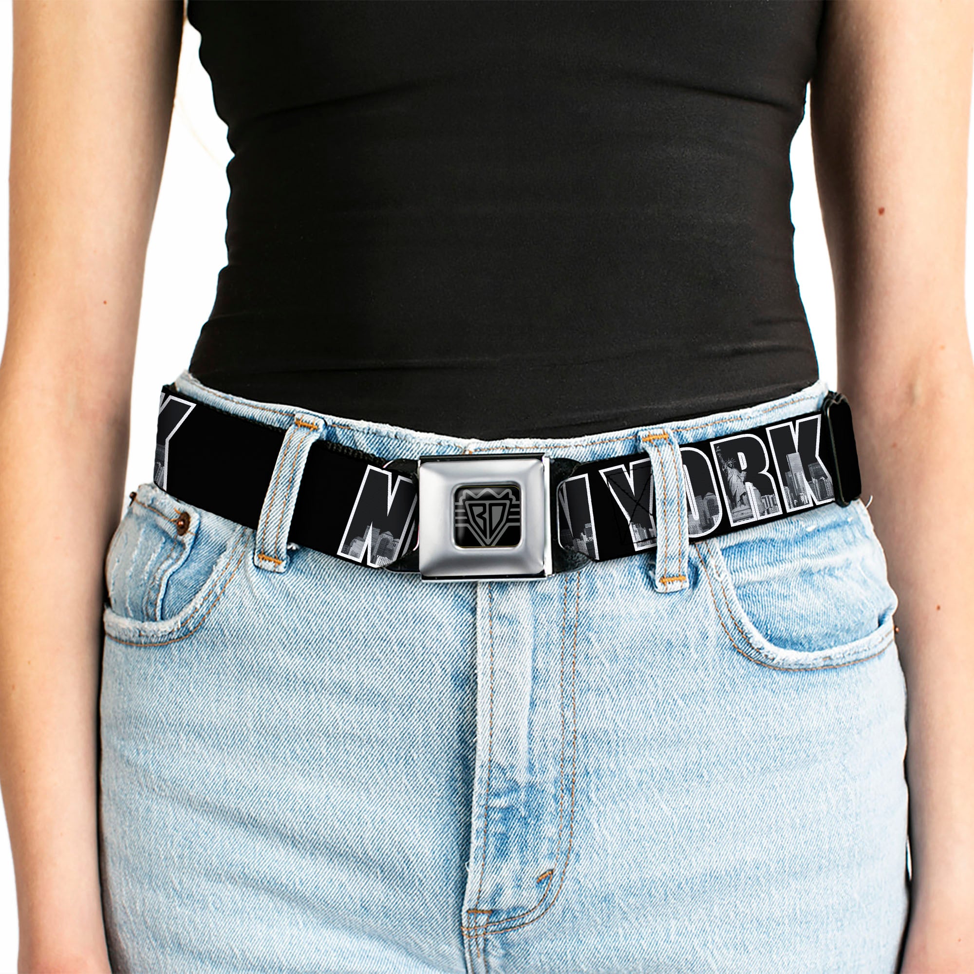 BD Wings Logo CLOSE-UP Full Color Black Silver Seatbelt Belt - NEW YORK Bold/Vivid Skyline Black/White/Gray Webbing Seatbelt Belts Buckle-Down