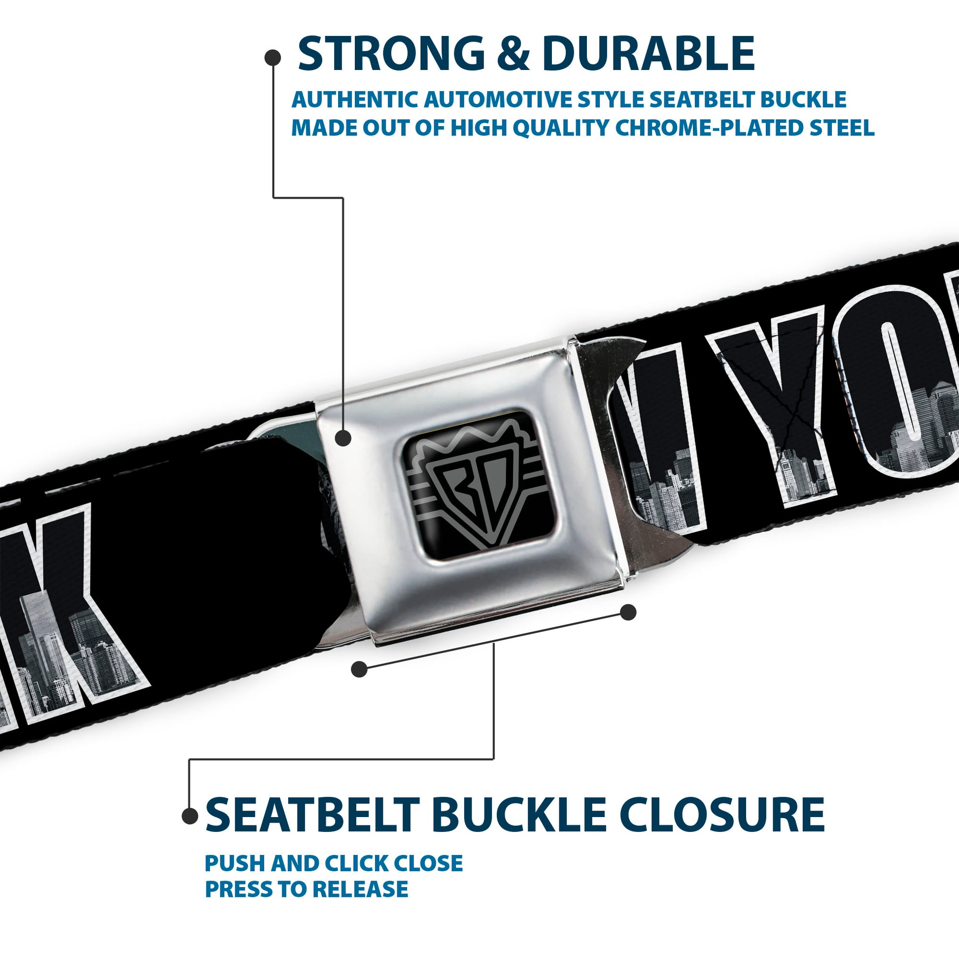 BD Wings Logo CLOSE-UP Full Color Black Silver Seatbelt Belt - NEW YORK Bold/Vivid Skyline Black/White/Gray Webbing Seatbelt Belts Buckle-Down