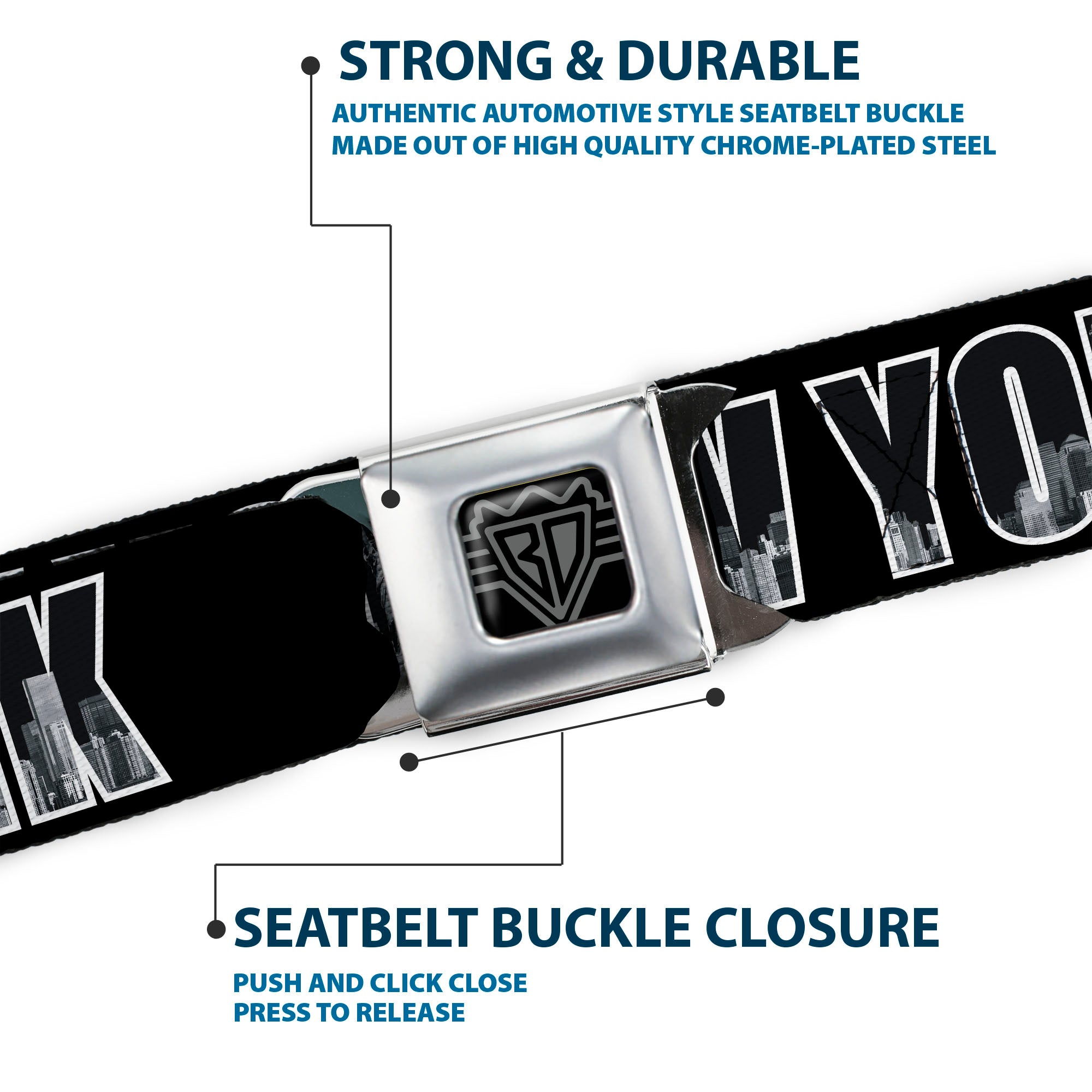 BD Wings Logo CLOSE-UP Full Color Black Silver Seatbelt Belt - NEW YORK Bold/Vivid Skyline Black/White/Gray Webbing Seatbelt Belts Buckle-Down