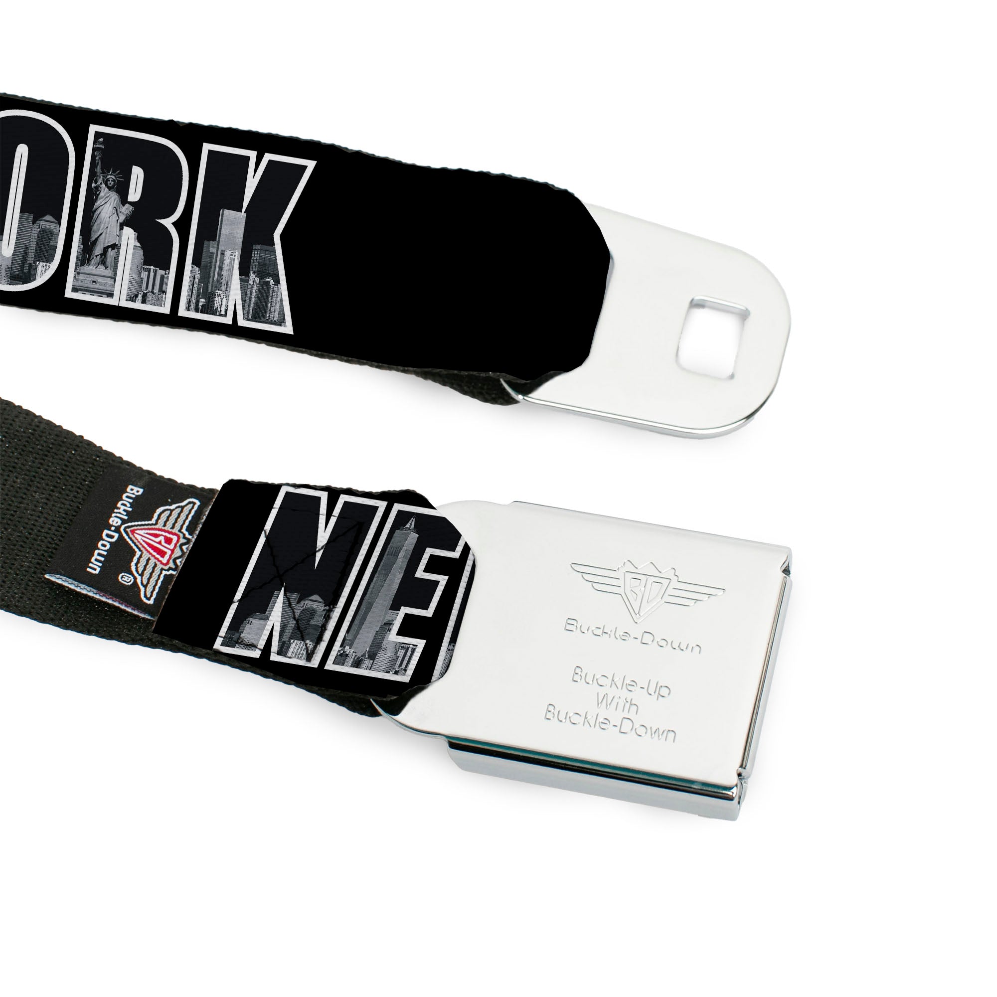 BD Wings Logo CLOSE-UP Full Color Black Silver Seatbelt Belt - NEW YORK Bold/Vivid Skyline Black/White/Gray Webbing Seatbelt Belts Buckle-Down