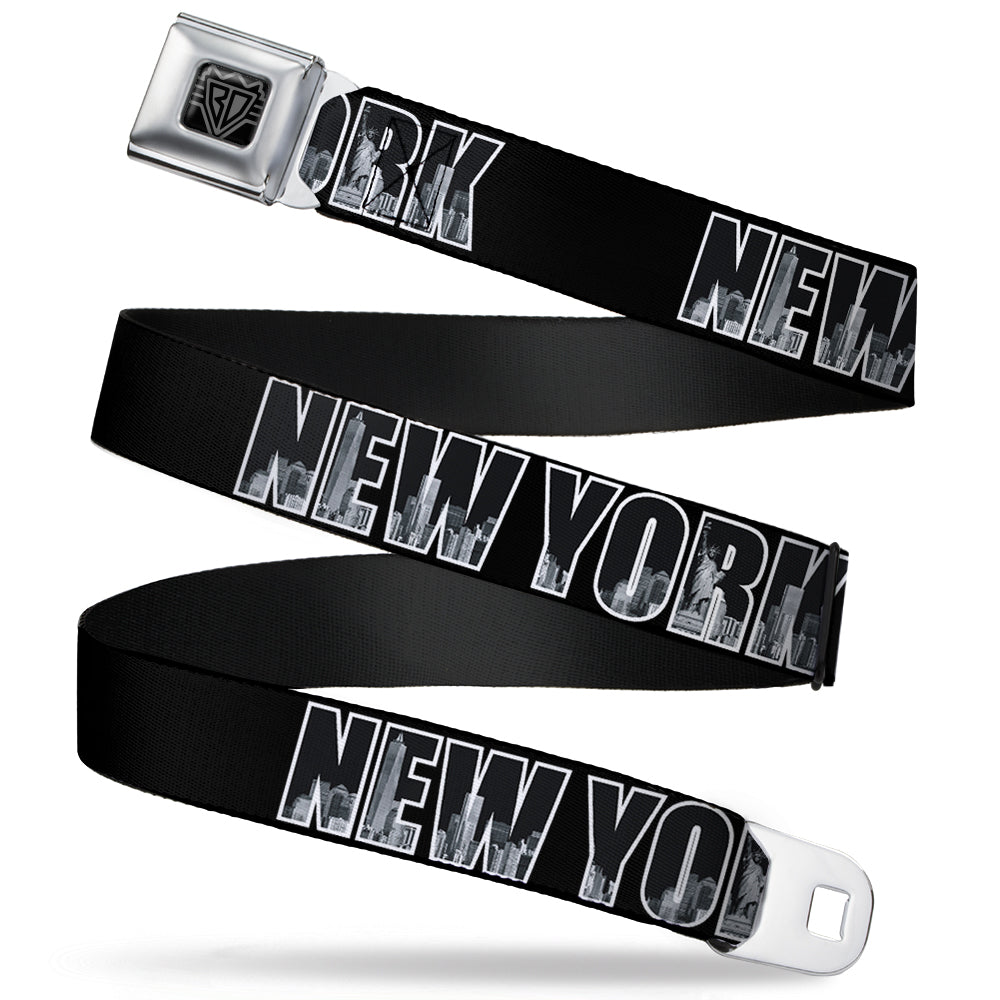 BD Wings Logo CLOSE-UP Full Color Black Silver Seatbelt Belt - NEW YORK Bold/Vivid Skyline Black/White/Gray Webbing Seatbelt Belts Buckle-Down