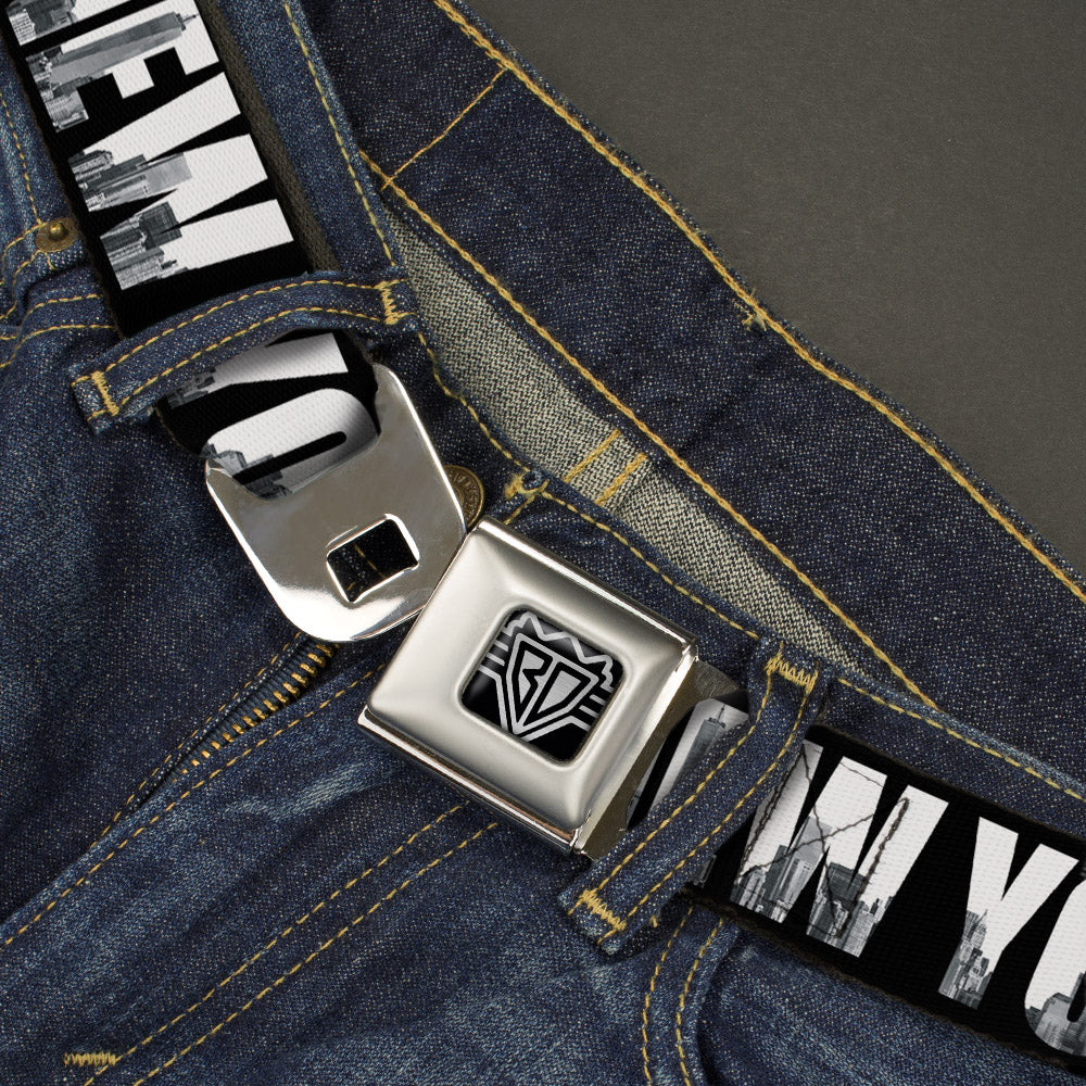 BD Wings Logo CLOSE-UP Full Color Black Silver Seatbelt Belt - NEW YORK Bold/Vivid Skyline Black/White/Tonal Grays Webbing Seatbelt Belts Buckle-Down