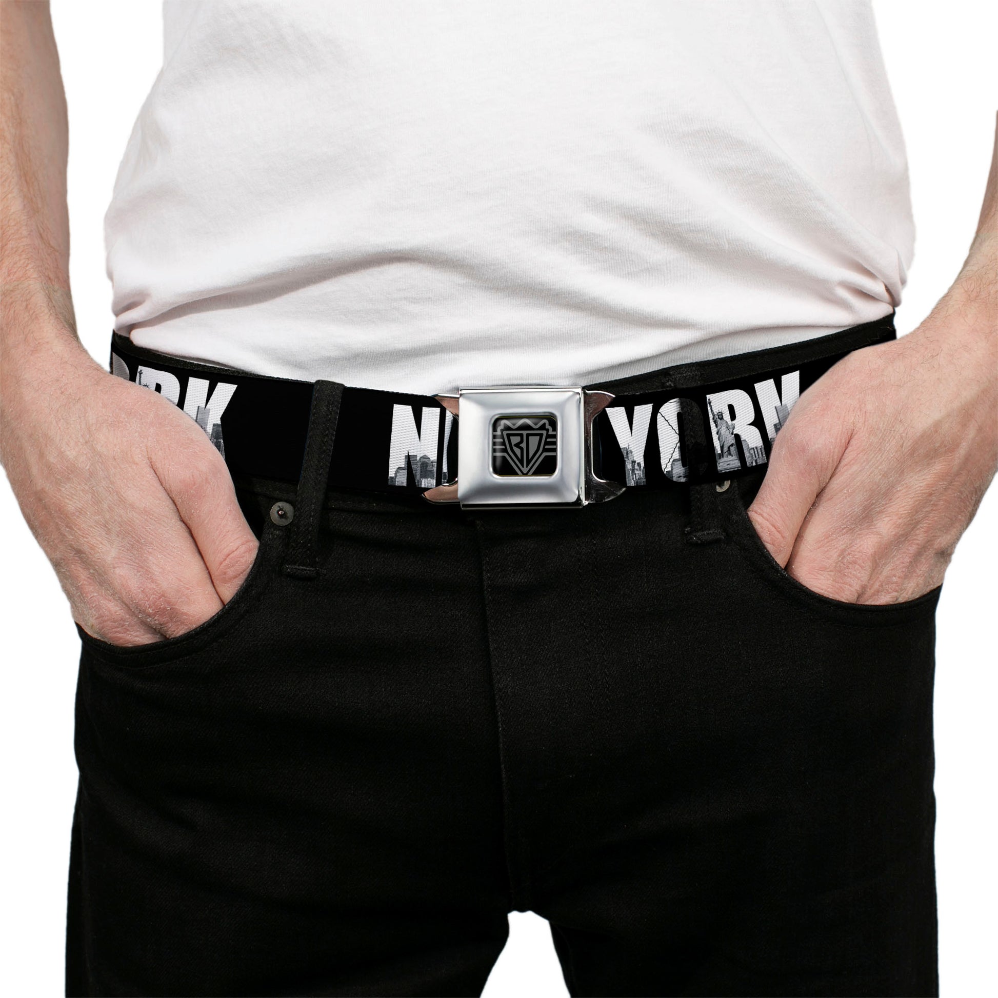 BD Wings Logo CLOSE-UP Full Color Black Silver Seatbelt Belt - NEW YORK Bold/Vivid Skyline Black/White/Tonal Grays Webbing Seatbelt Belts Buckle-Down