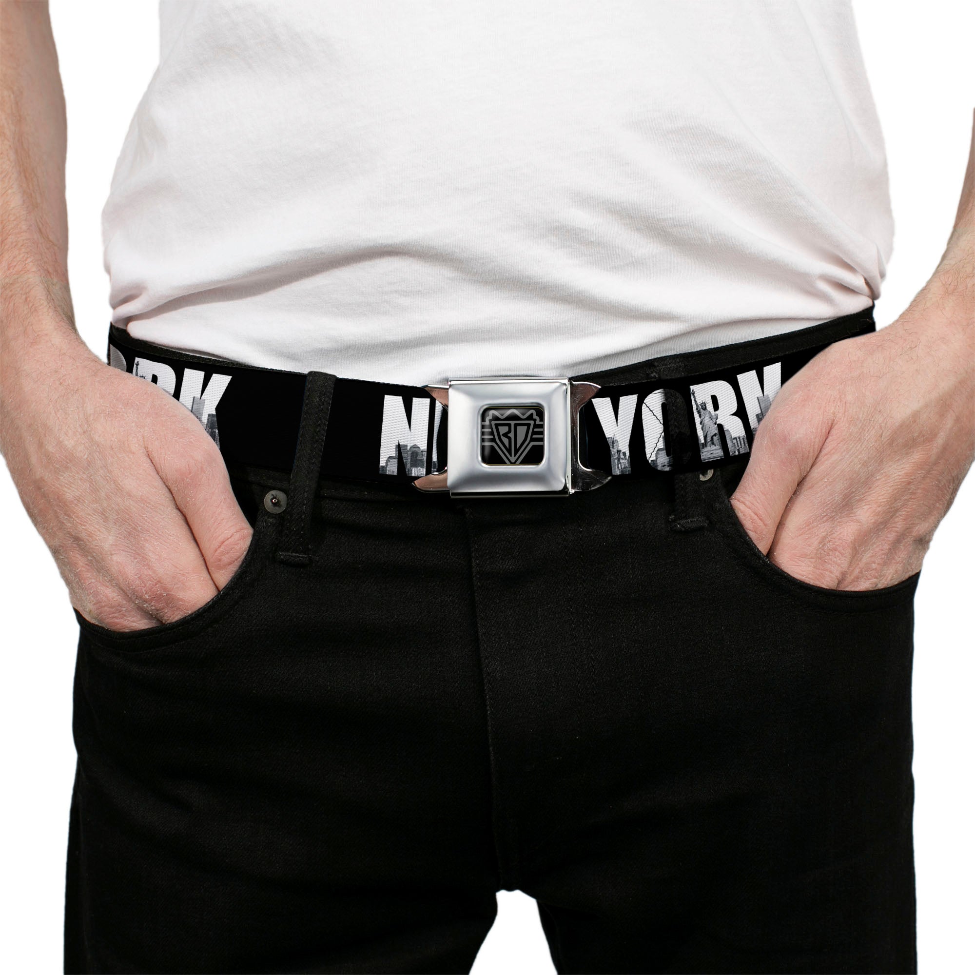 BD Wings Logo CLOSE-UP Full Color Black Silver Seatbelt Belt - NEW YORK Bold/Vivid Skyline Black/White/Tonal Grays Webbing Seatbelt Belts Buckle-Down