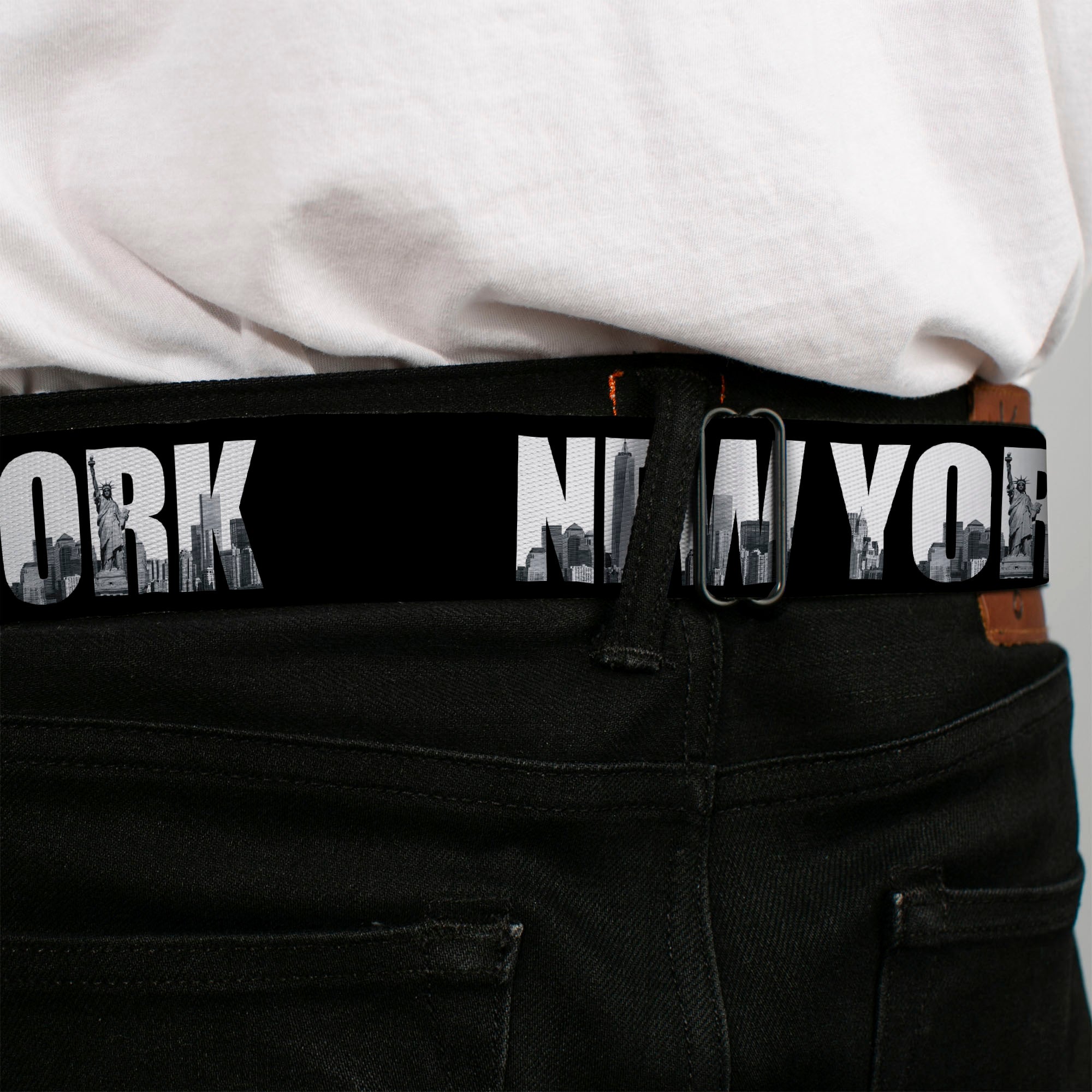 BD Wings Logo CLOSE-UP Full Color Black Silver Seatbelt Belt - NEW YORK Bold/Vivid Skyline Black/White/Tonal Grays Webbing Seatbelt Belts Buckle-Down