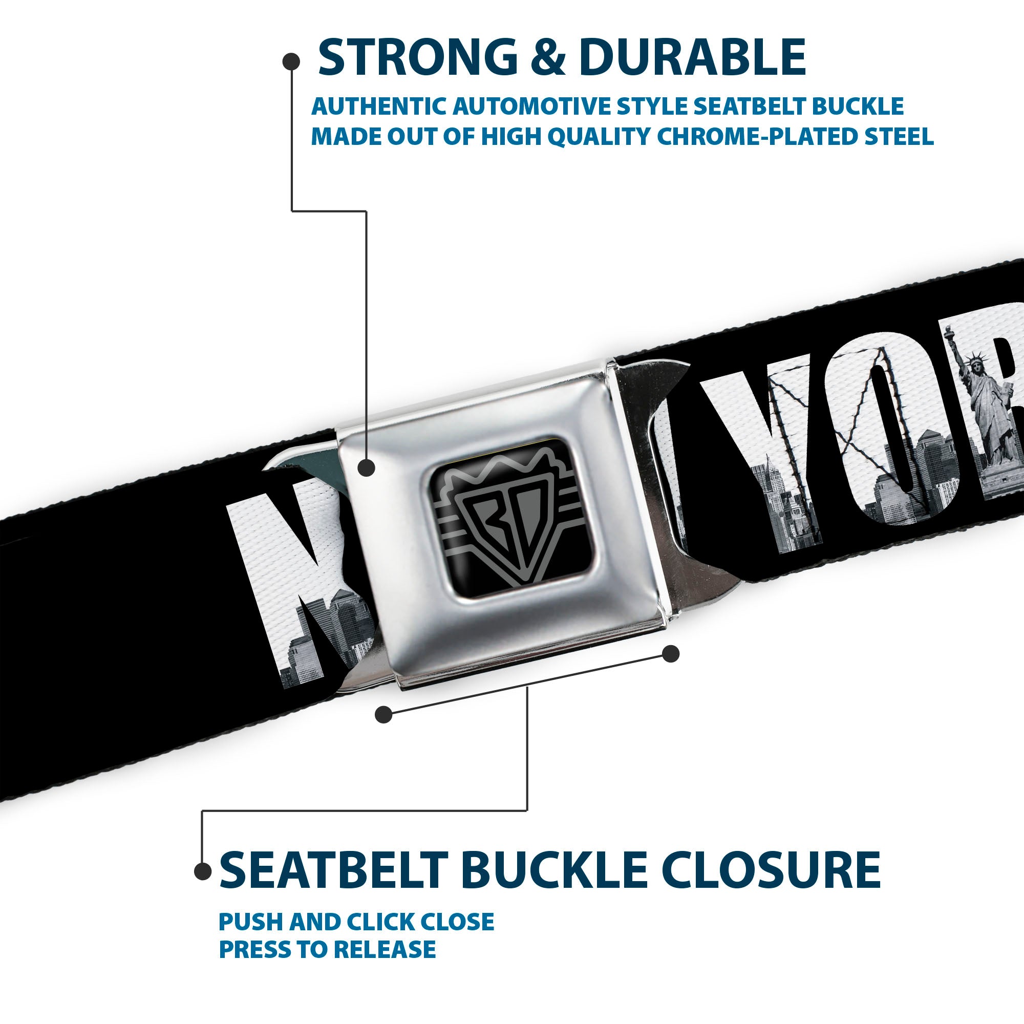 BD Wings Logo CLOSE-UP Full Color Black Silver Seatbelt Belt - NEW YORK Bold/Vivid Skyline Black/White/Tonal Grays Webbing Seatbelt Belts Buckle-Down