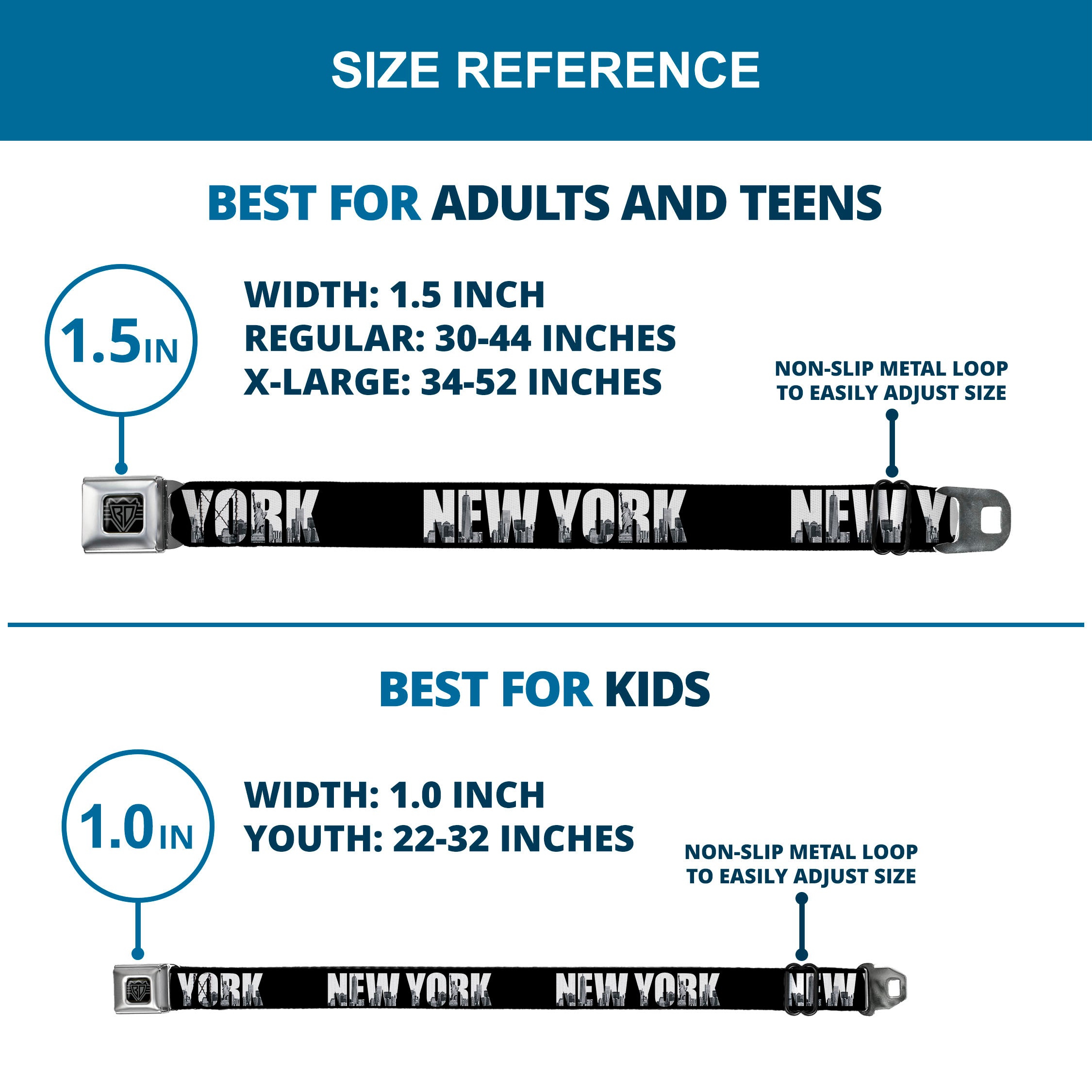 BD Wings Logo CLOSE-UP Full Color Black Silver Seatbelt Belt - NEW YORK Bold/Vivid Skyline Black/White/Tonal Grays Webbing Seatbelt Belts Buckle-Down