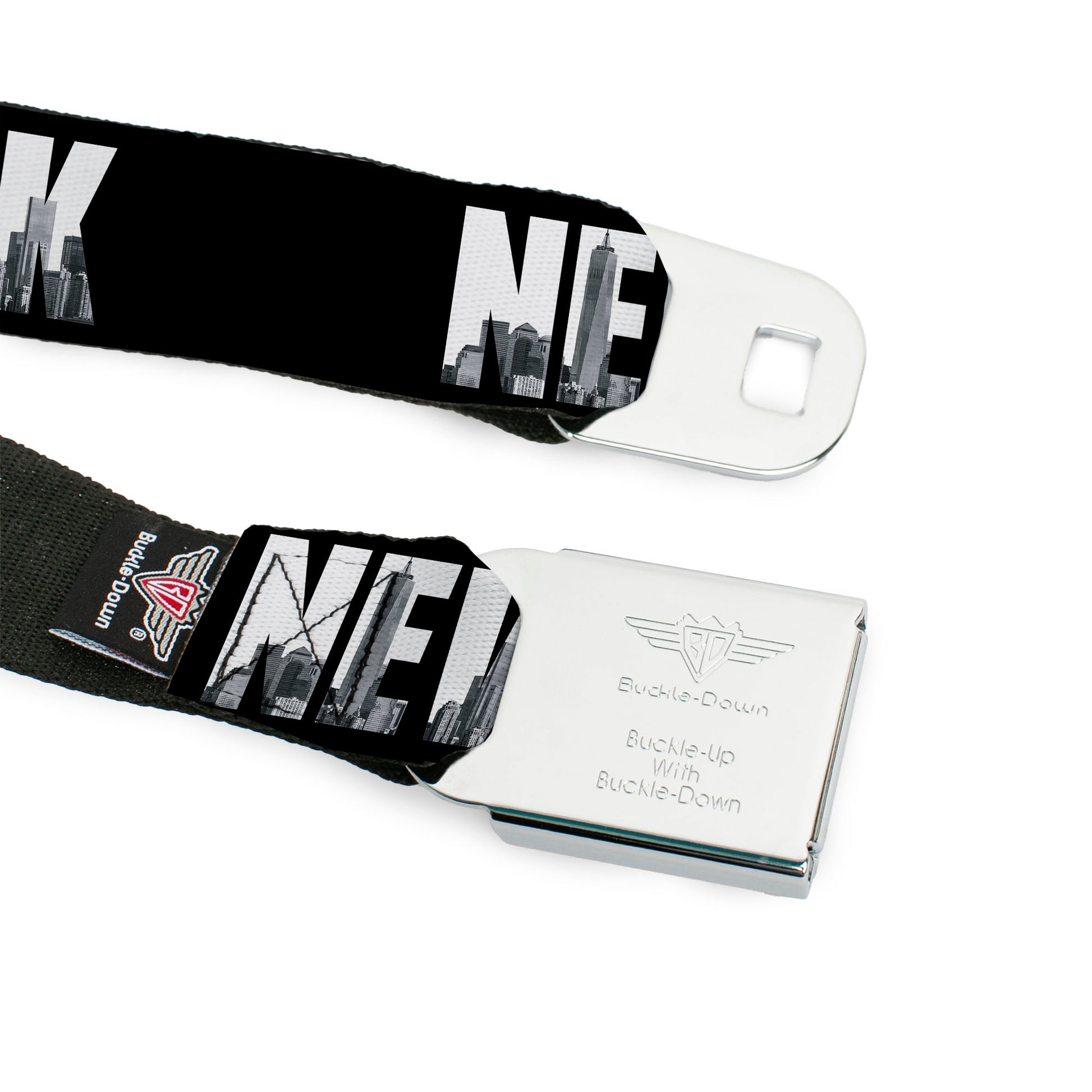 BD Wings Logo CLOSE-UP Full Color Black Silver Seatbelt Belt - NEW YORK Bold/Vivid Skyline Black/White/Tonal Grays Webbing Seatbelt Belts Buckle-Down