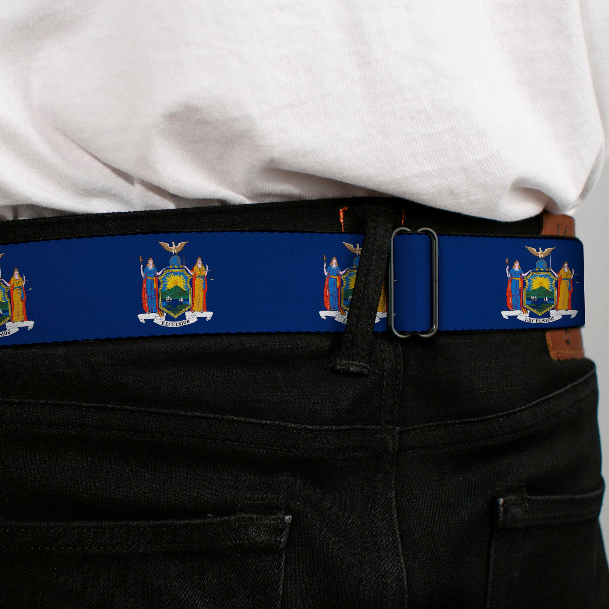 BD Wings Logo CLOSE-UP Full Color Black Silver Seatbelt Belt - New York Flag Continuous Webbing Seatbelt Belts Buckle-Down