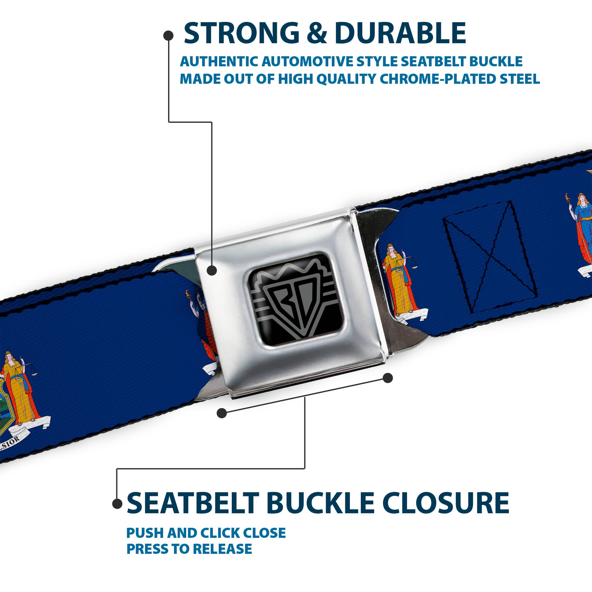 BD Wings Logo CLOSE-UP Full Color Black Silver Seatbelt Belt - New York Flag Continuous Webbing Seatbelt Belts Buckle-Down
