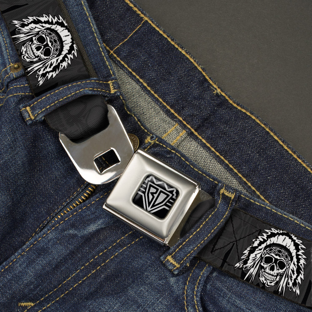 BD Wings Logo CLOSE-UP Full Color Black Silver Seatbelt Belt - Navajo3 Blue/Gray Webbing Seatbelt Belts Buckle-Down