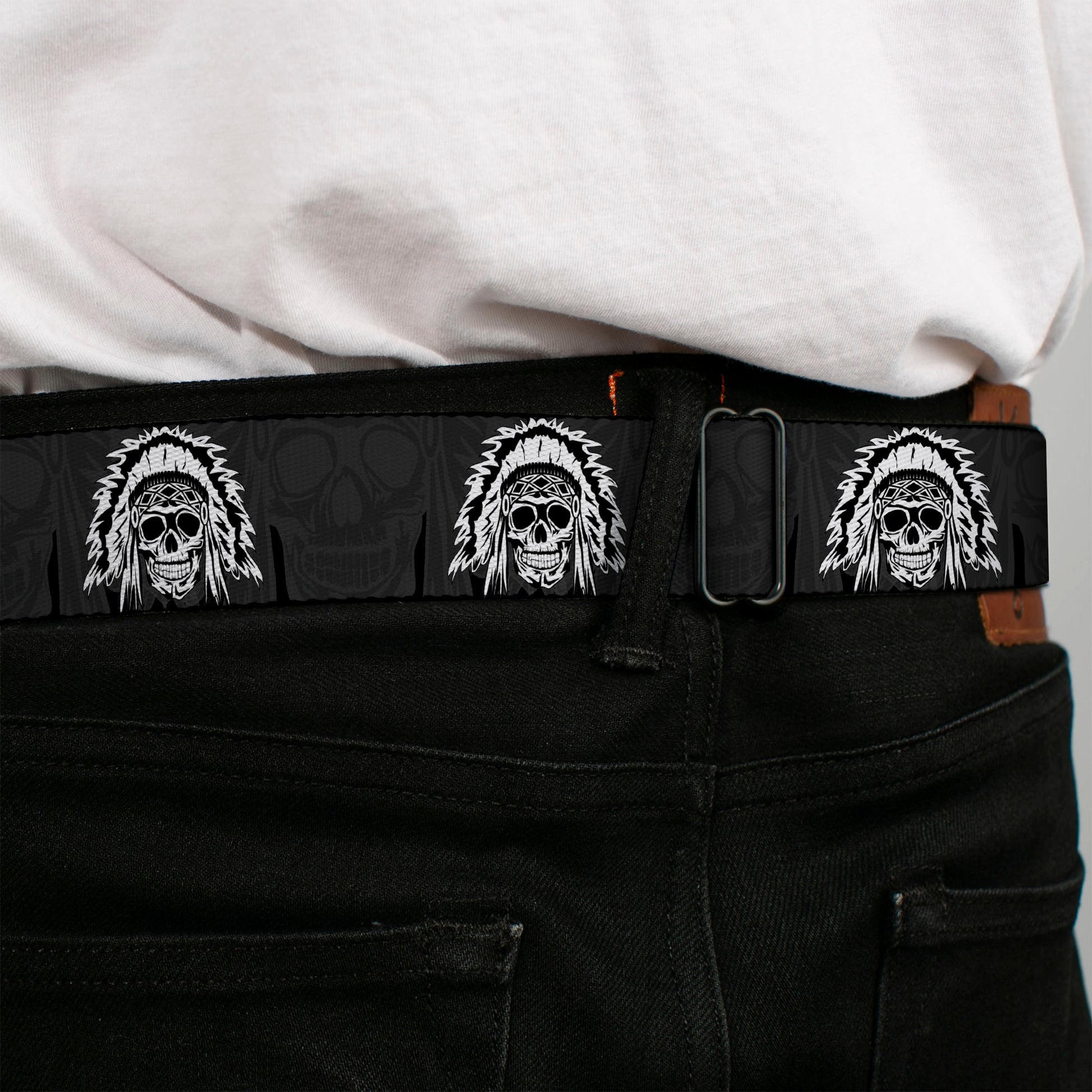 BD Wings Logo CLOSE-UP Full Color Black Silver Seatbelt Belt - Navajo3 Blue/Gray Webbing Seatbelt Belts Buckle-Down