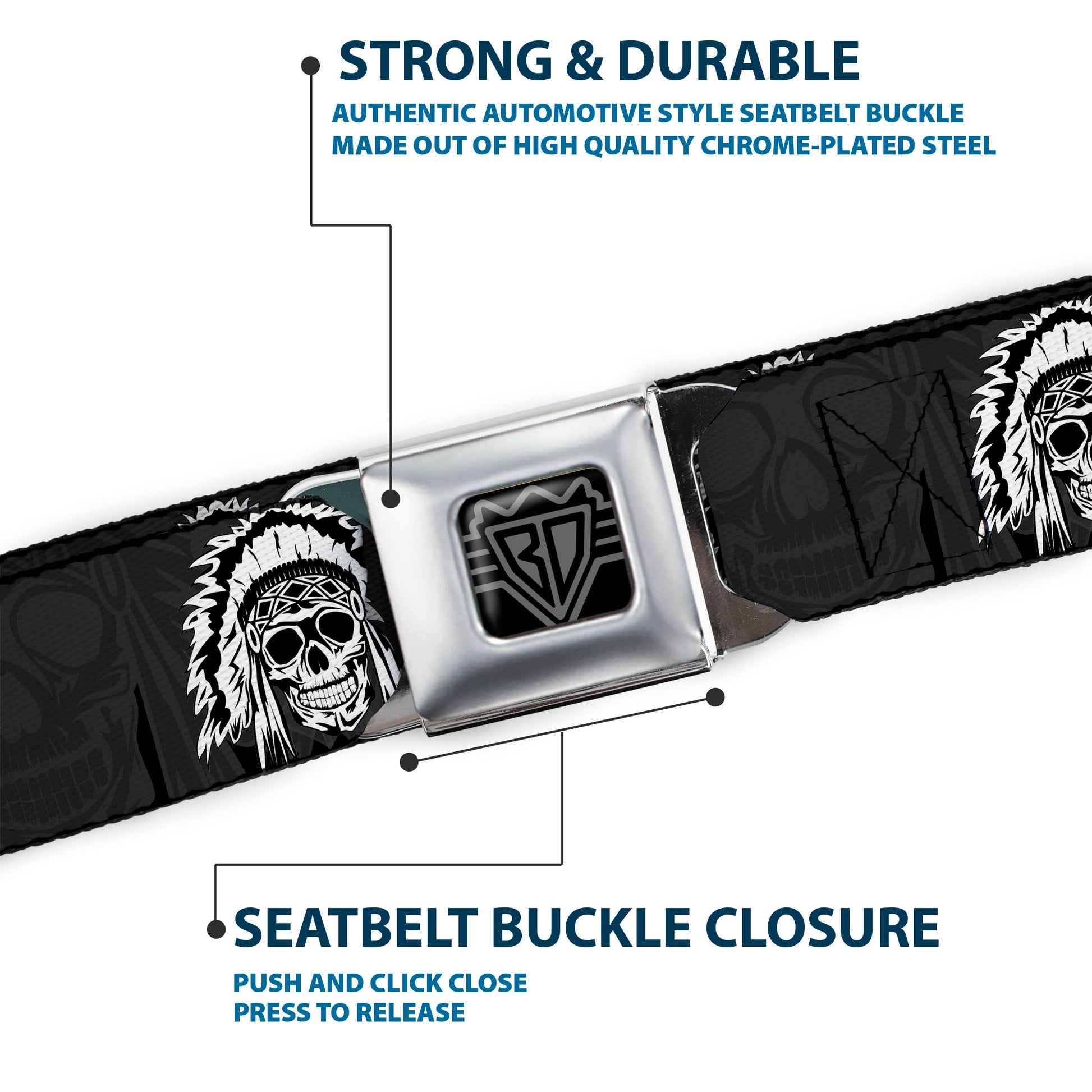 BD Wings Logo CLOSE-UP Full Color Black Silver Seatbelt Belt - Navajo3 Blue/Gray Webbing Seatbelt Belts Buckle-Down