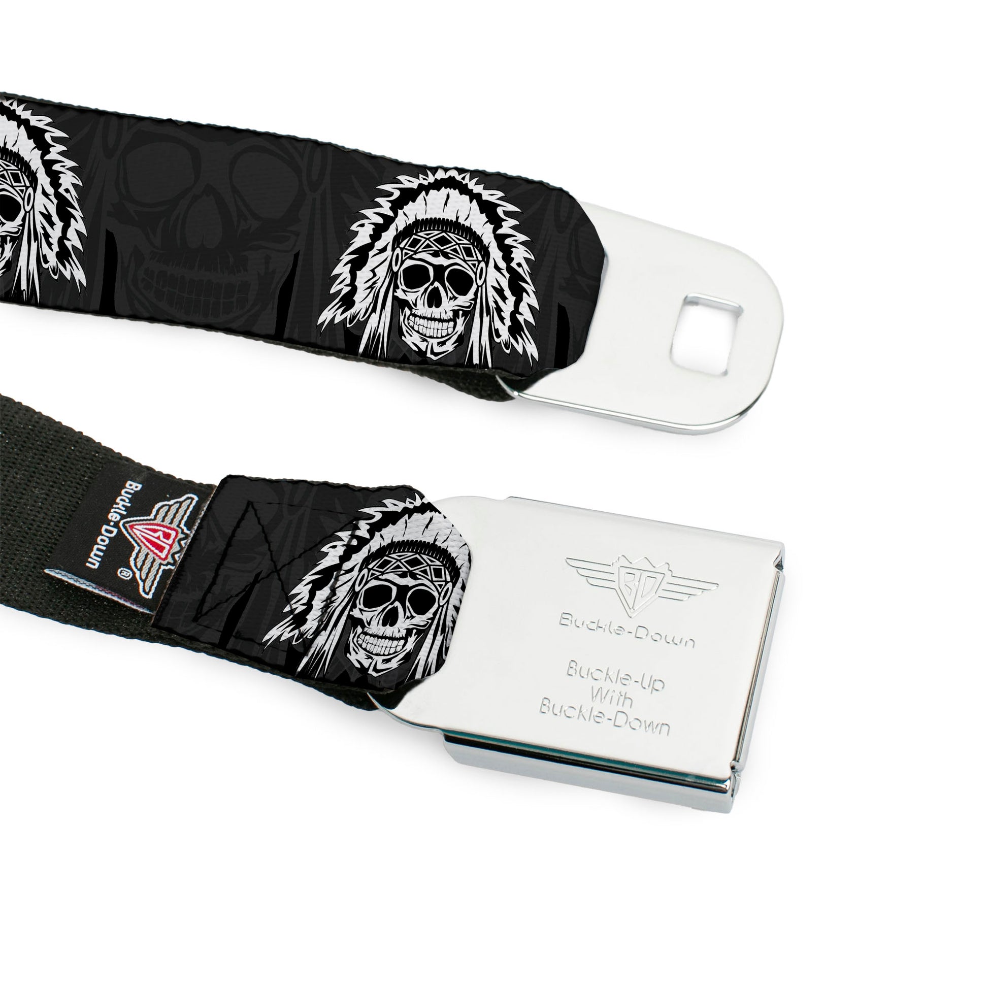 BD Wings Logo CLOSE-UP Full Color Black Silver Seatbelt Belt - Navajo3 Blue/Gray Webbing Seatbelt Belts Buckle-Down