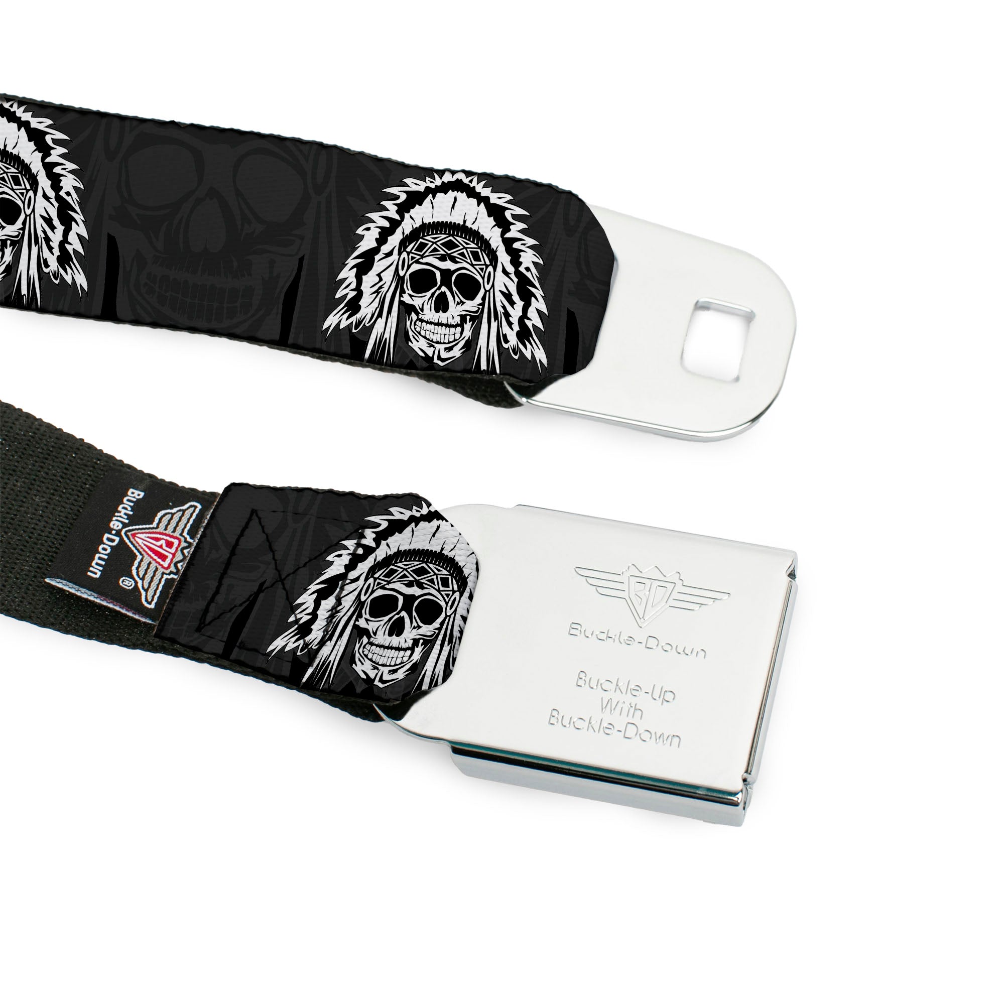 BD Wings Logo CLOSE-UP Full Color Black Silver Seatbelt Belt - Navajo3 Blue/Gray Webbing Seatbelt Belts Buckle-Down