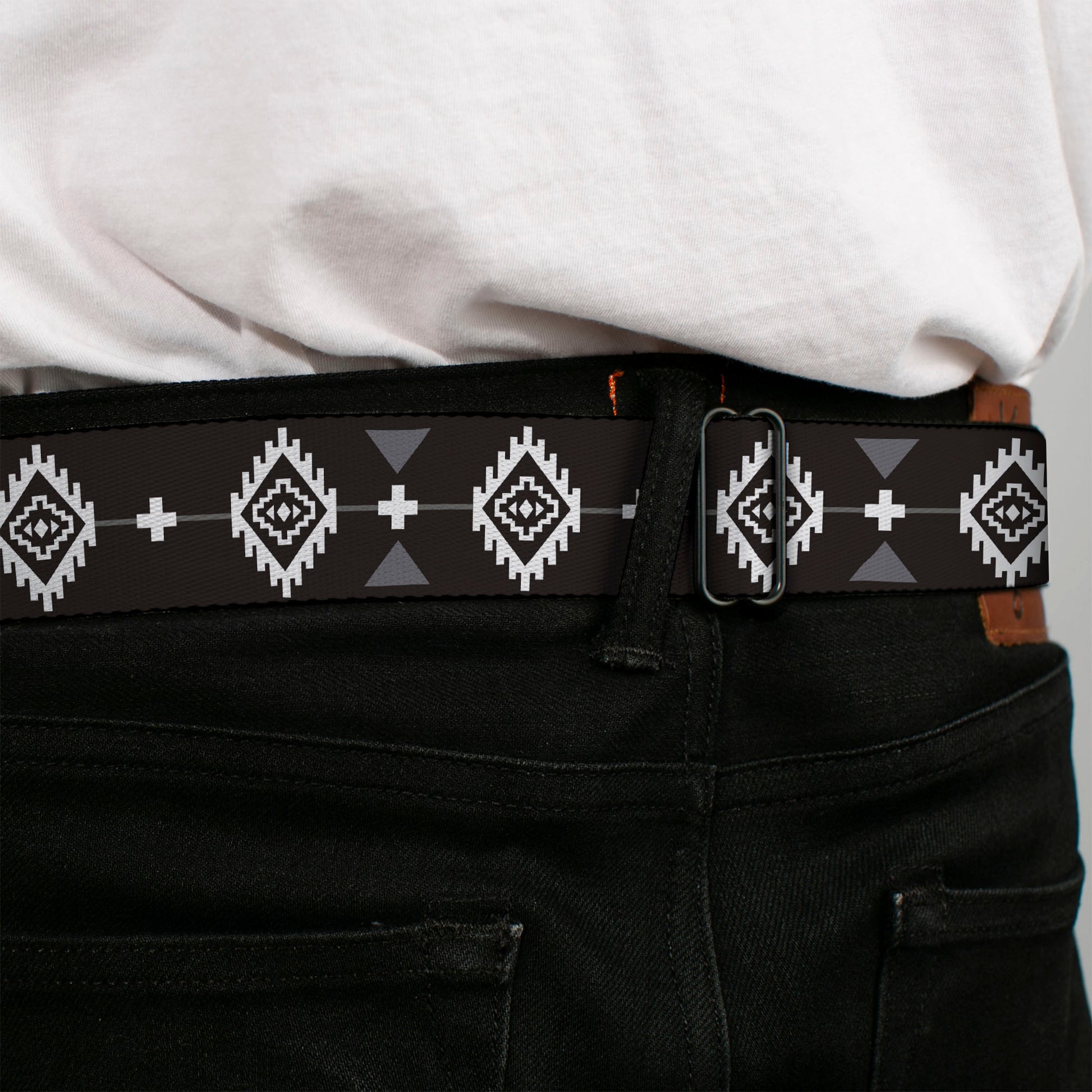 BD Wings Logo CLOSE-UP Full Color Black Silver Seatbelt Belt - Navajo3 Black/Gray/White Webbing Seatbelt Belts Buckle-Down
