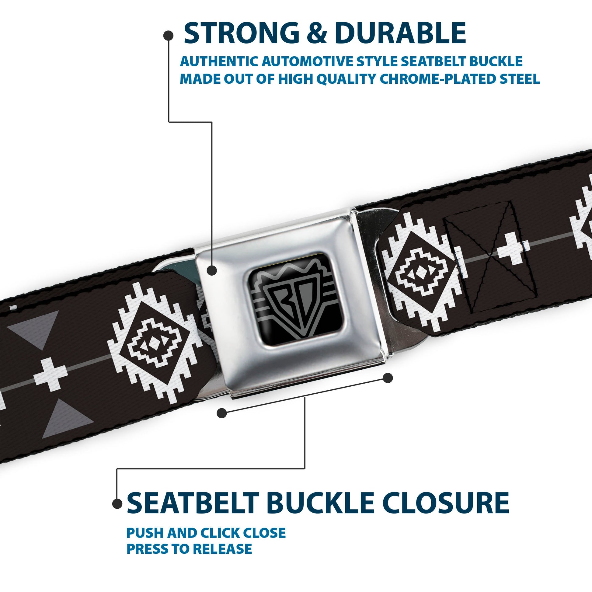 BD Wings Logo CLOSE-UP Full Color Black Silver Seatbelt Belt - Navajo3 Black/Gray/White Webbing Seatbelt Belts Buckle-Down