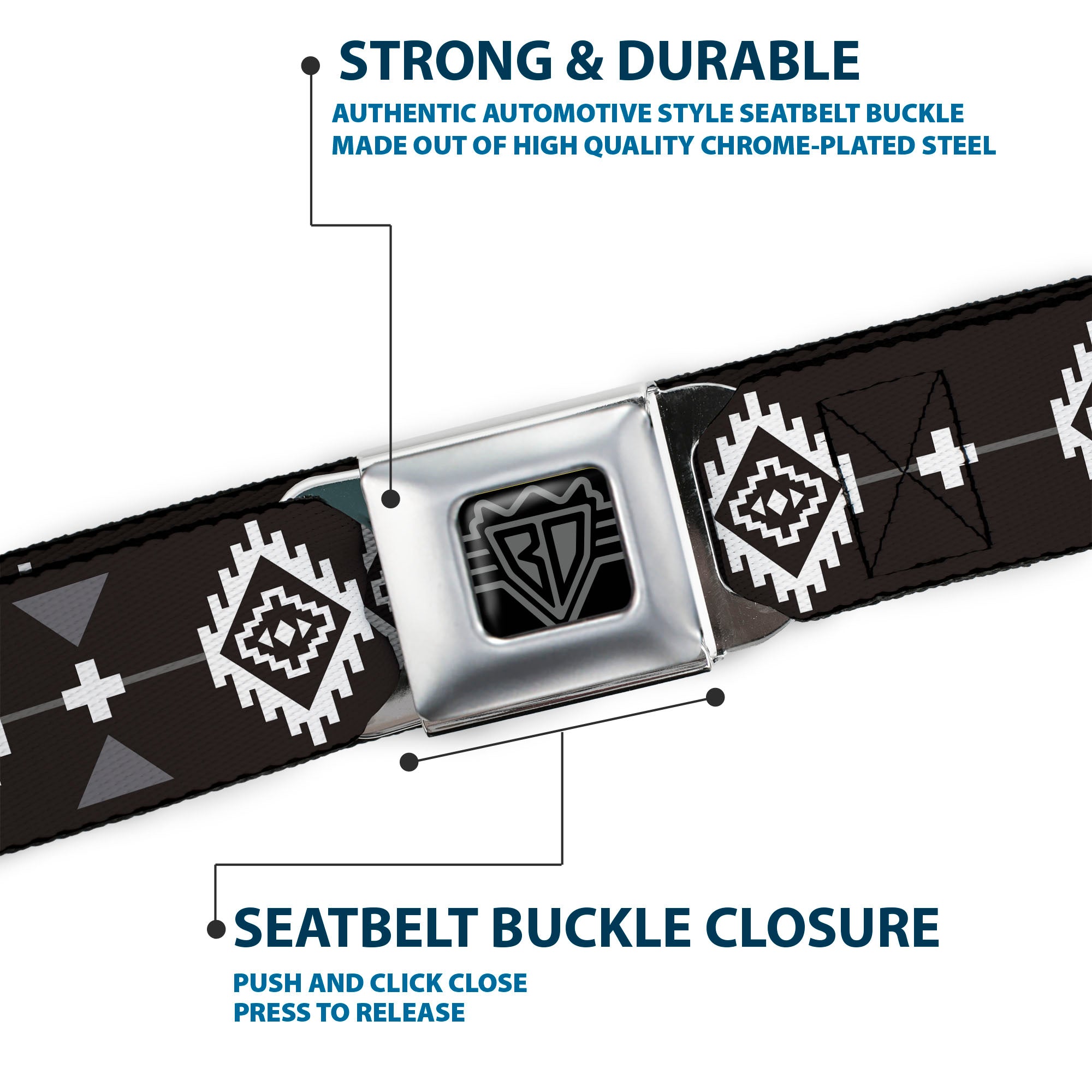 BD Wings Logo CLOSE-UP Full Color Black Silver Seatbelt Belt - Navajo3 Black/Gray/White Webbing Seatbelt Belts Buckle-Down