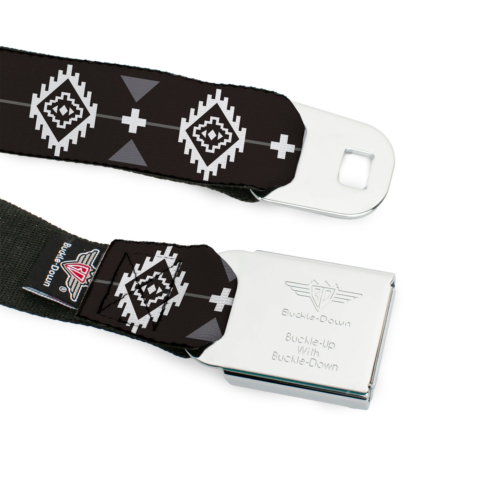 BD Wings Logo CLOSE-UP Full Color Black Silver Seatbelt Belt - Navajo3 Black/Gray/White Webbing Seatbelt Belts Buckle-Down