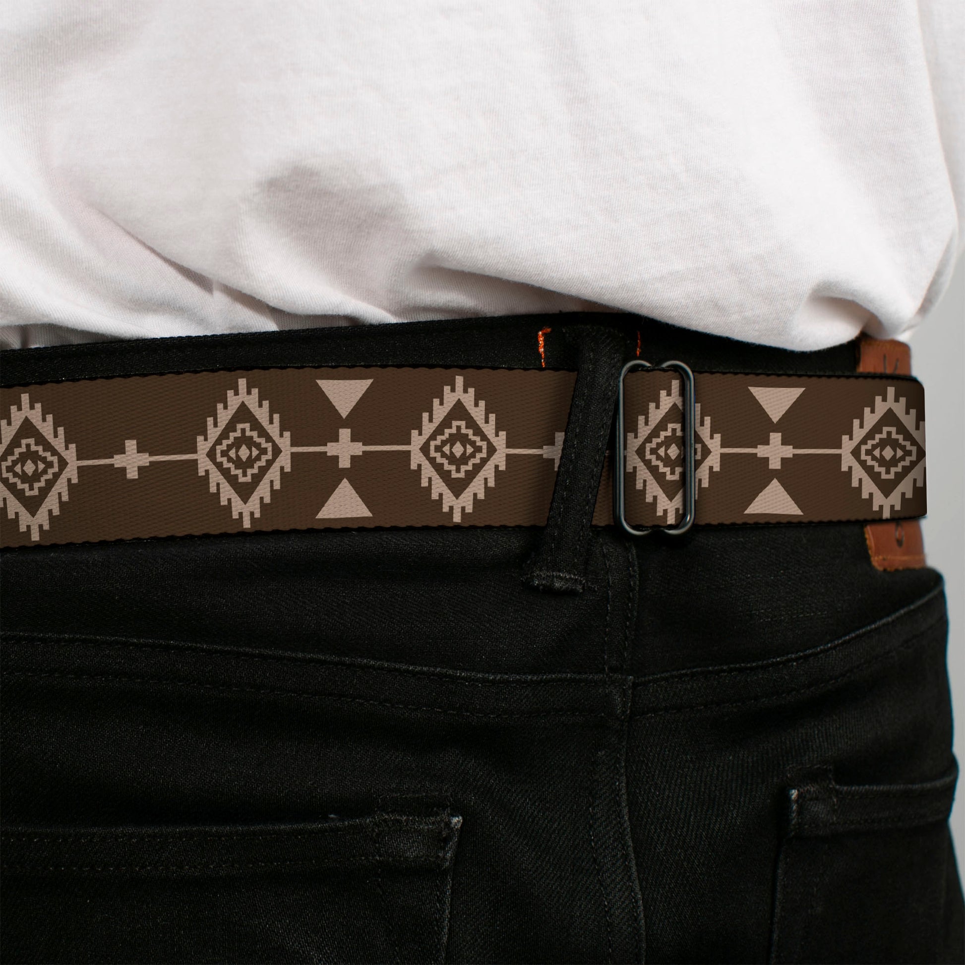 BD Wings Logo CLOSE-UP Full Color Black Silver Seatbelt Belt - Navajo3 Brown/Tan Webbing Seatbelt Belts Buckle-Down