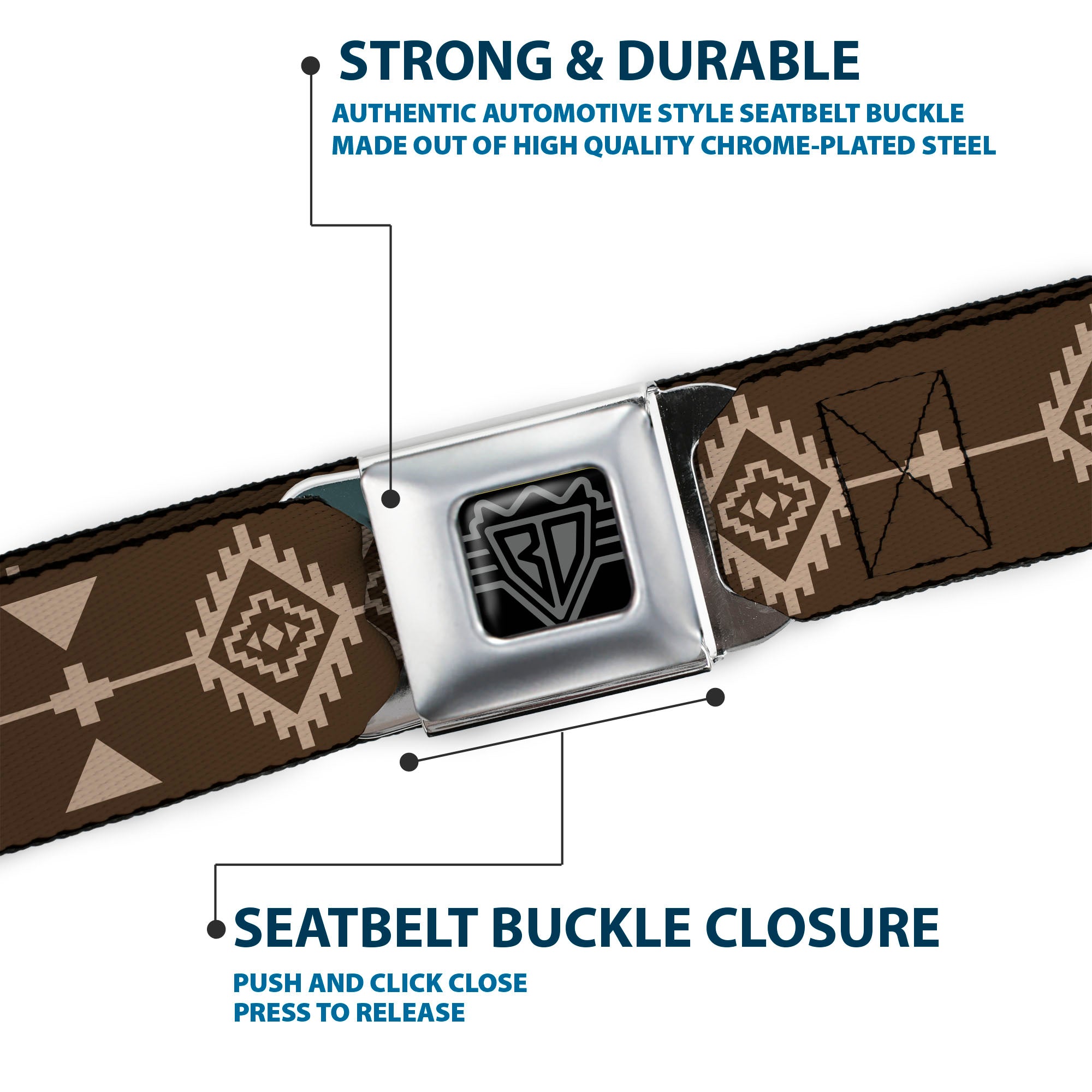 BD Wings Logo CLOSE-UP Full Color Black Silver Seatbelt Belt - Navajo3 Brown/Tan Webbing Seatbelt Belts Buckle-Down