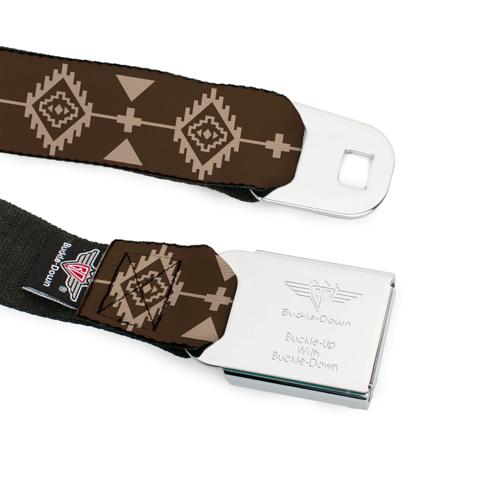 BD Wings Logo CLOSE-UP Full Color Black Silver Seatbelt Belt - Navajo3 Brown/Tan Webbing Seatbelt Belts Buckle-Down