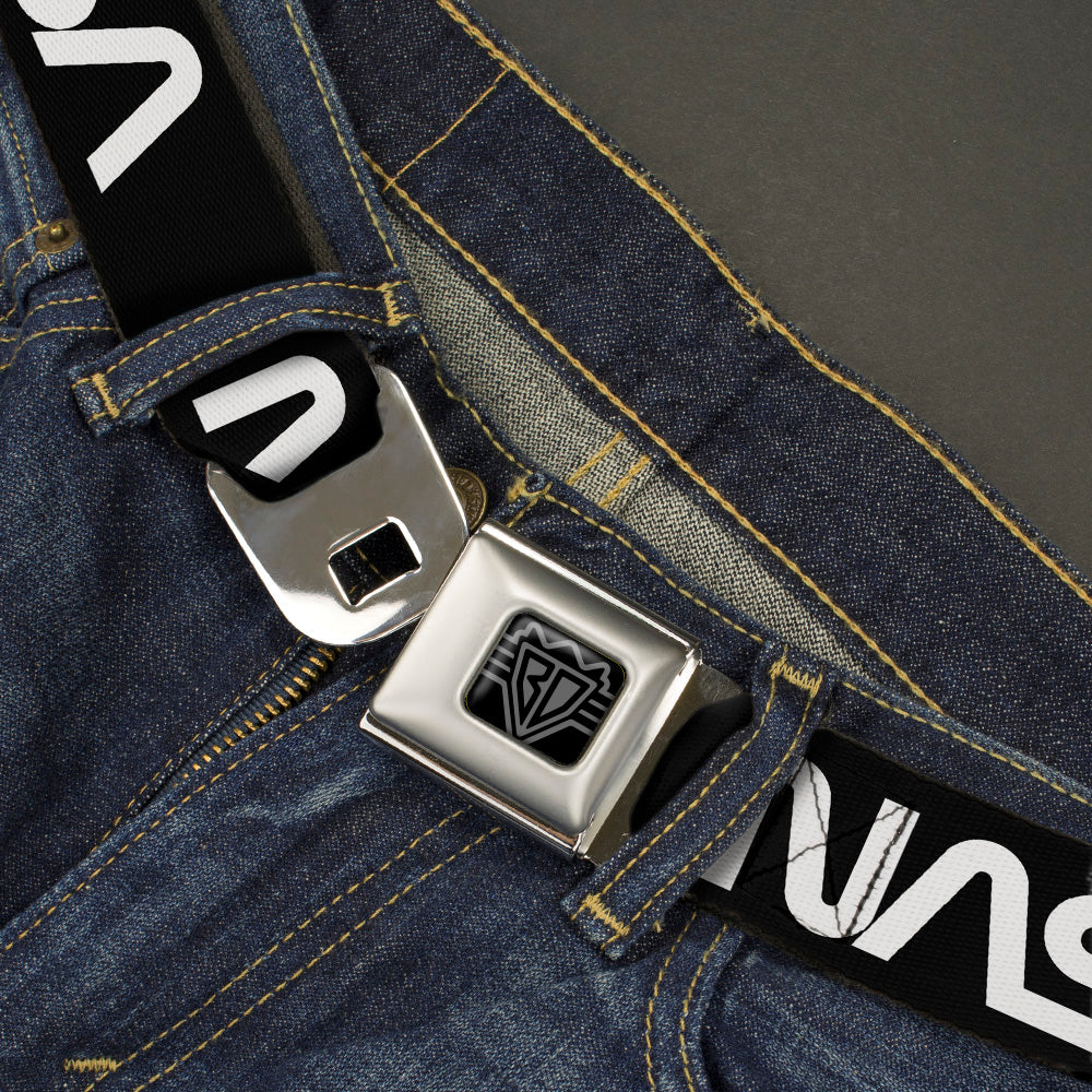 BD Wings Logo CLOSE-UP Black/Silver Seatbelt Belt - NASA Text Black/White Webbing Seatbelt Belts Buckle-Down