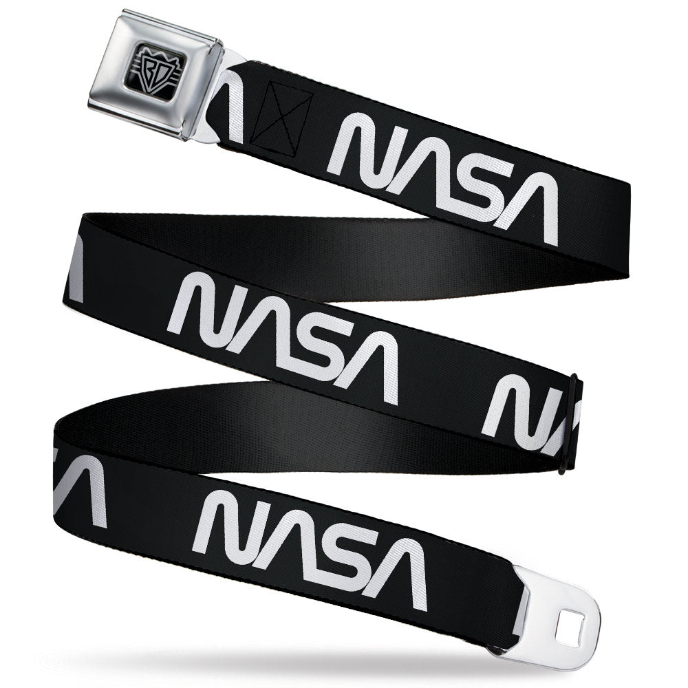 BD Wings Logo CLOSE-UP Black/Silver Seatbelt Belt - NASA Text Black/White Webbing Seatbelt Belts Buckle-Down