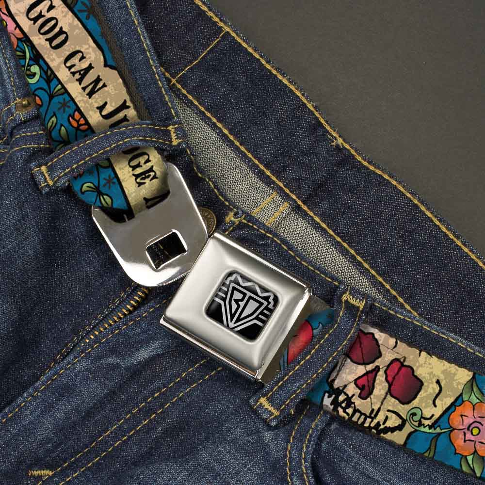 BD Wings Logo CLOSE-UP Full Color Black Silver Seatbelt Belt - Only God Can Judge Me Blue Webbing Seatbelt Belts Buckle-Down