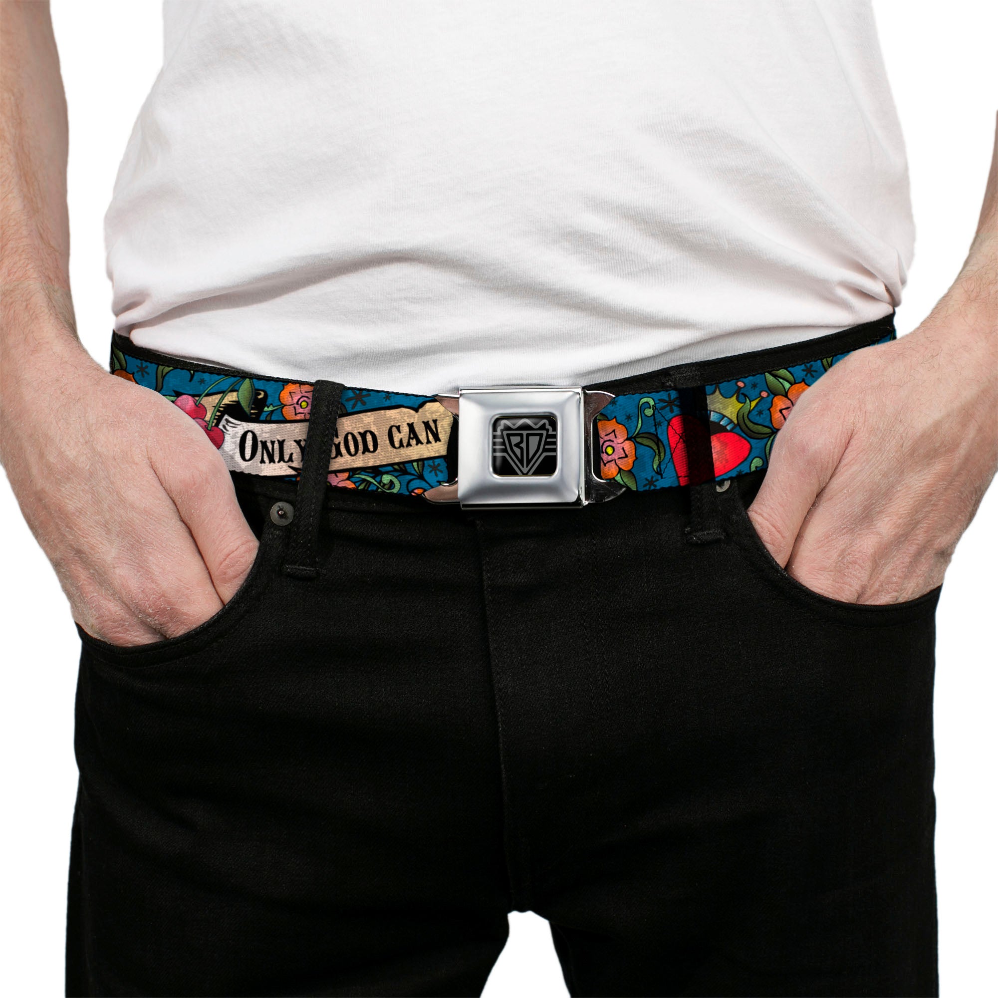 BD Wings Logo CLOSE-UP Full Color Black Silver Seatbelt Belt - Only God Can Judge Me Blue Webbing Seatbelt Belts Buckle-Down