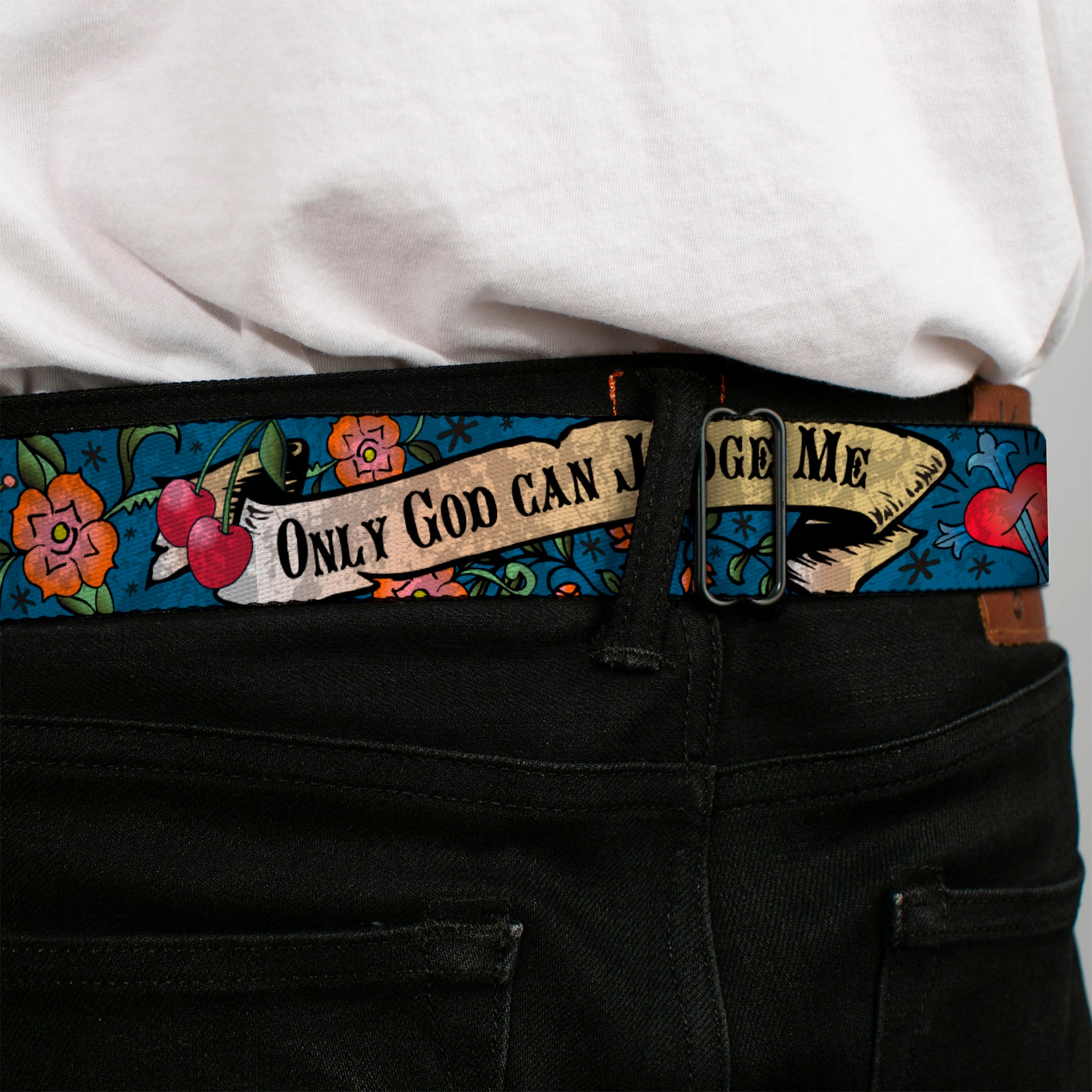 BD Wings Logo CLOSE-UP Full Color Black Silver Seatbelt Belt - Only God Can Judge Me Blue Webbing Seatbelt Belts Buckle-Down