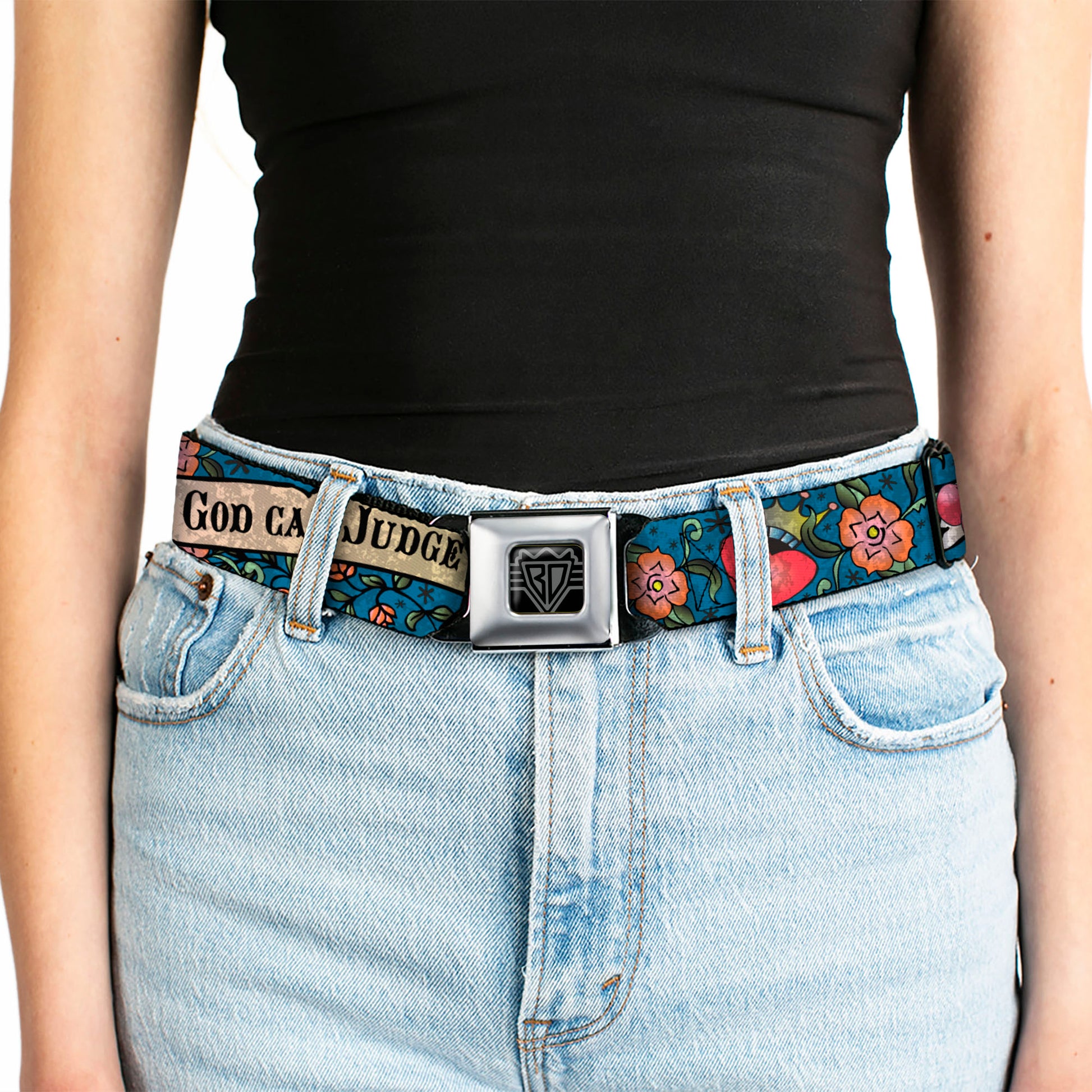 BD Wings Logo CLOSE-UP Full Color Black Silver Seatbelt Belt - Only God Can Judge Me Blue Webbing Seatbelt Belts Buckle-Down