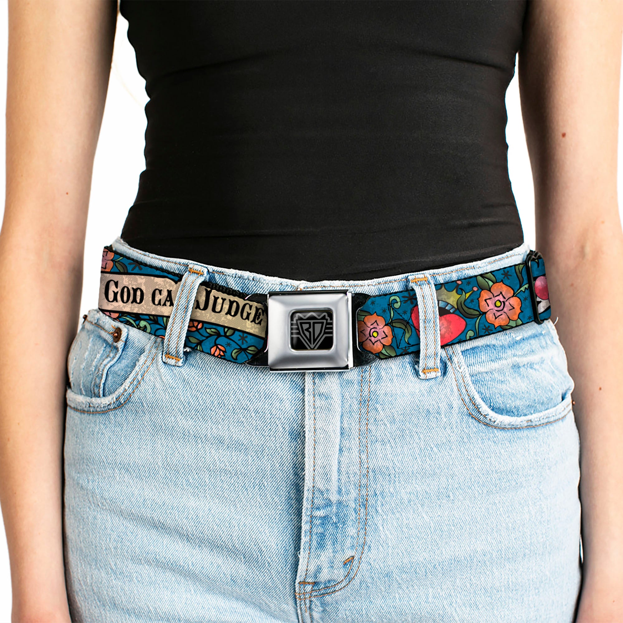 BD Wings Logo CLOSE-UP Full Color Black Silver Seatbelt Belt - Only God Can Judge Me Blue Webbing Seatbelt Belts Buckle-Down