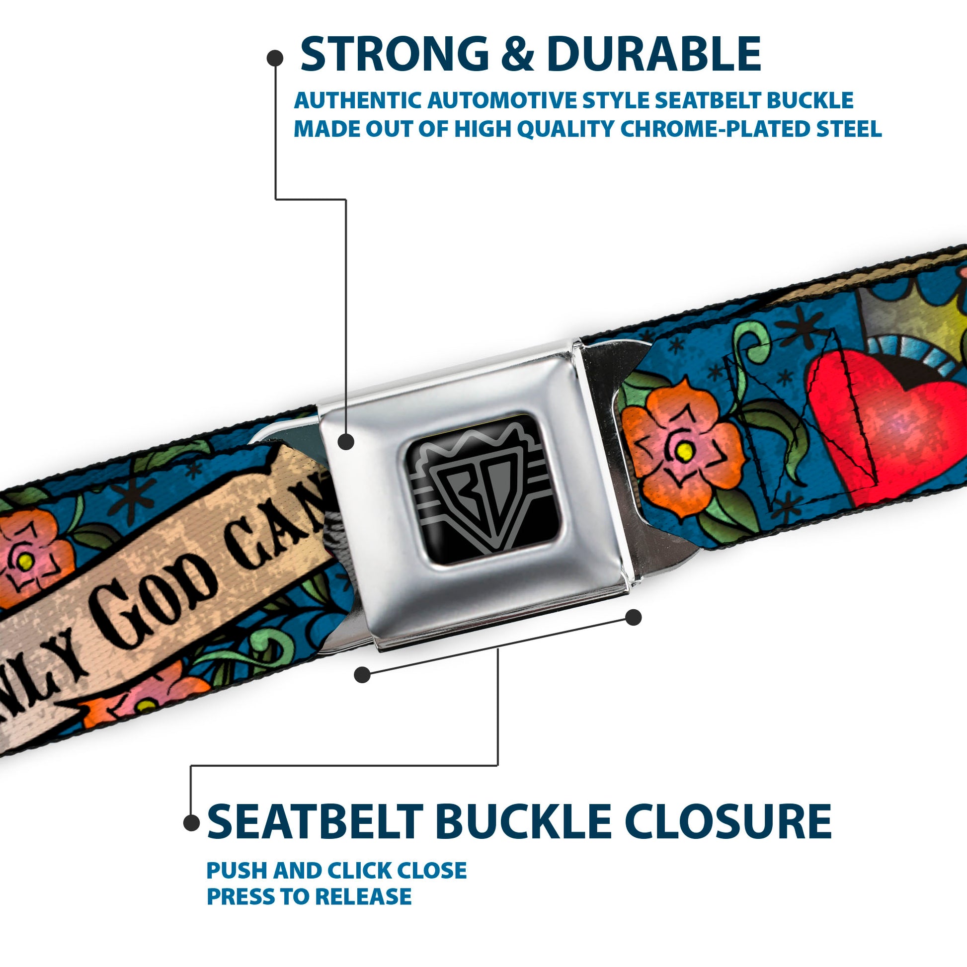 BD Wings Logo CLOSE-UP Full Color Black Silver Seatbelt Belt - Only God Can Judge Me Blue Webbing Seatbelt Belts Buckle-Down