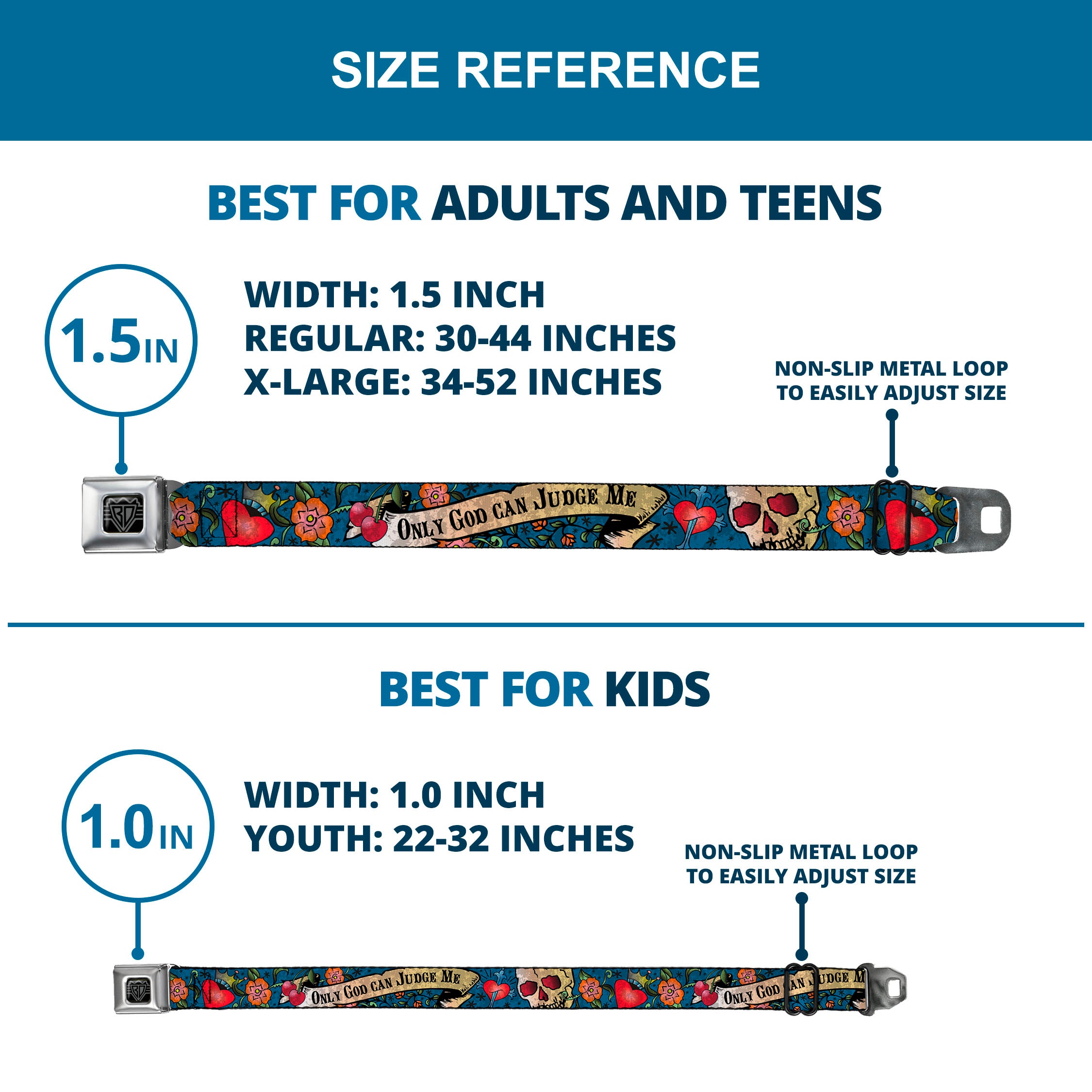 BD Wings Logo CLOSE-UP Full Color Black Silver Seatbelt Belt - Only God Can Judge Me Blue Webbing Seatbelt Belts Buckle-Down