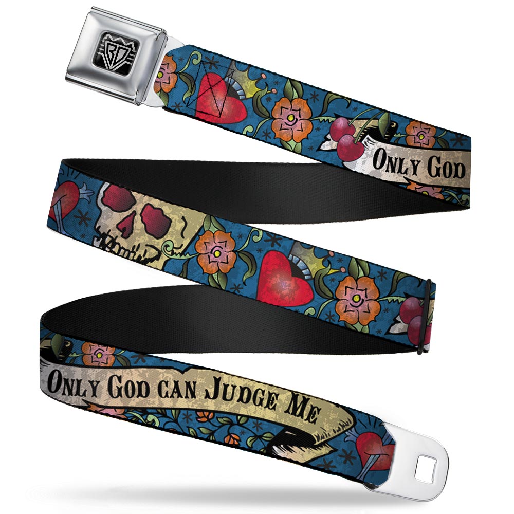 BD Wings Logo CLOSE-UP Full Color Black Silver Seatbelt Belt - Only God Can Judge Me Blue Webbing Seatbelt Belts Buckle-Down