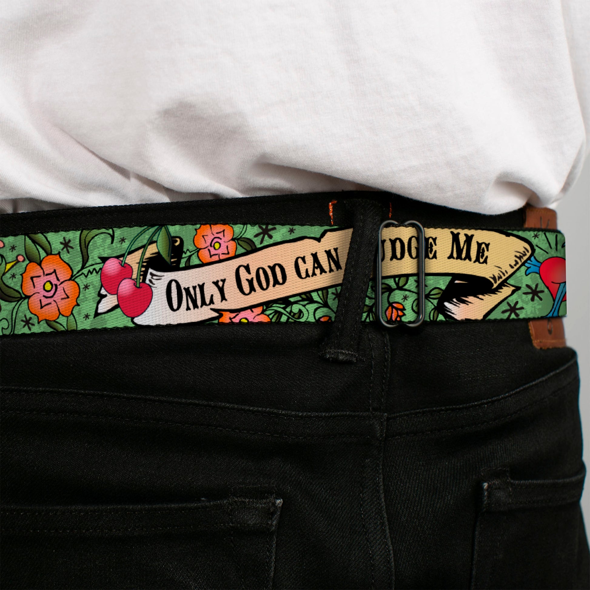 BD Wings Logo CLOSE-UP Full Color Black Silver Seatbelt Belt - Only God Can Judge Me Green Webbing Seatbelt Belts Buckle-Down