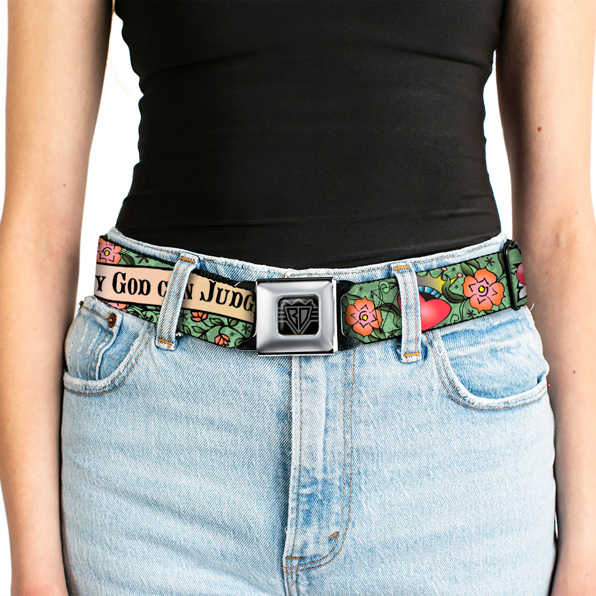 BD Wings Logo CLOSE-UP Full Color Black Silver Seatbelt Belt - Only God Can Judge Me Green Webbing Seatbelt Belts Buckle-Down
