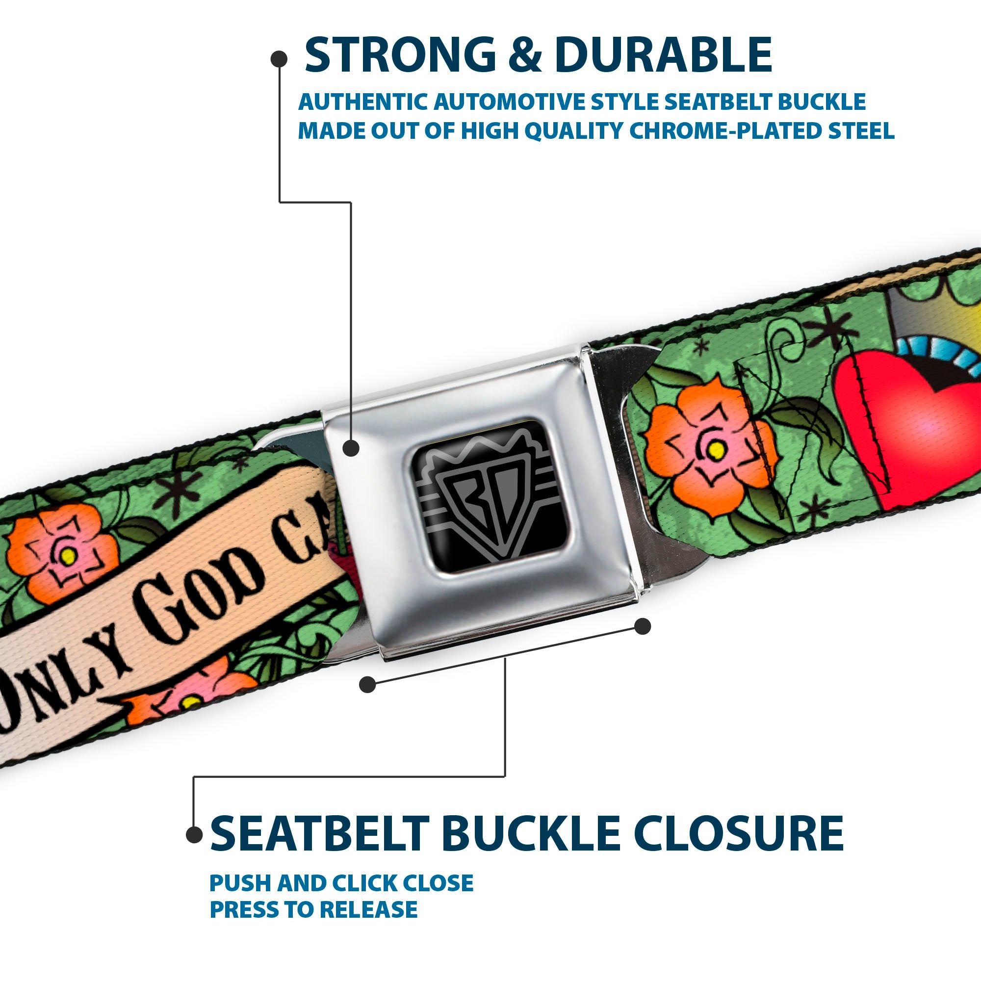 BD Wings Logo CLOSE-UP Full Color Black Silver Seatbelt Belt - Only God Can Judge Me Green Webbing Seatbelt Belts Buckle-Down